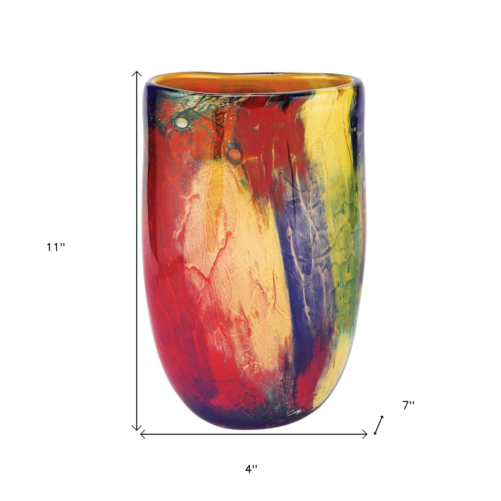 11"  Red Purple And Yellow Abstract Oval Murano Glass Table Vase - Home & Garden