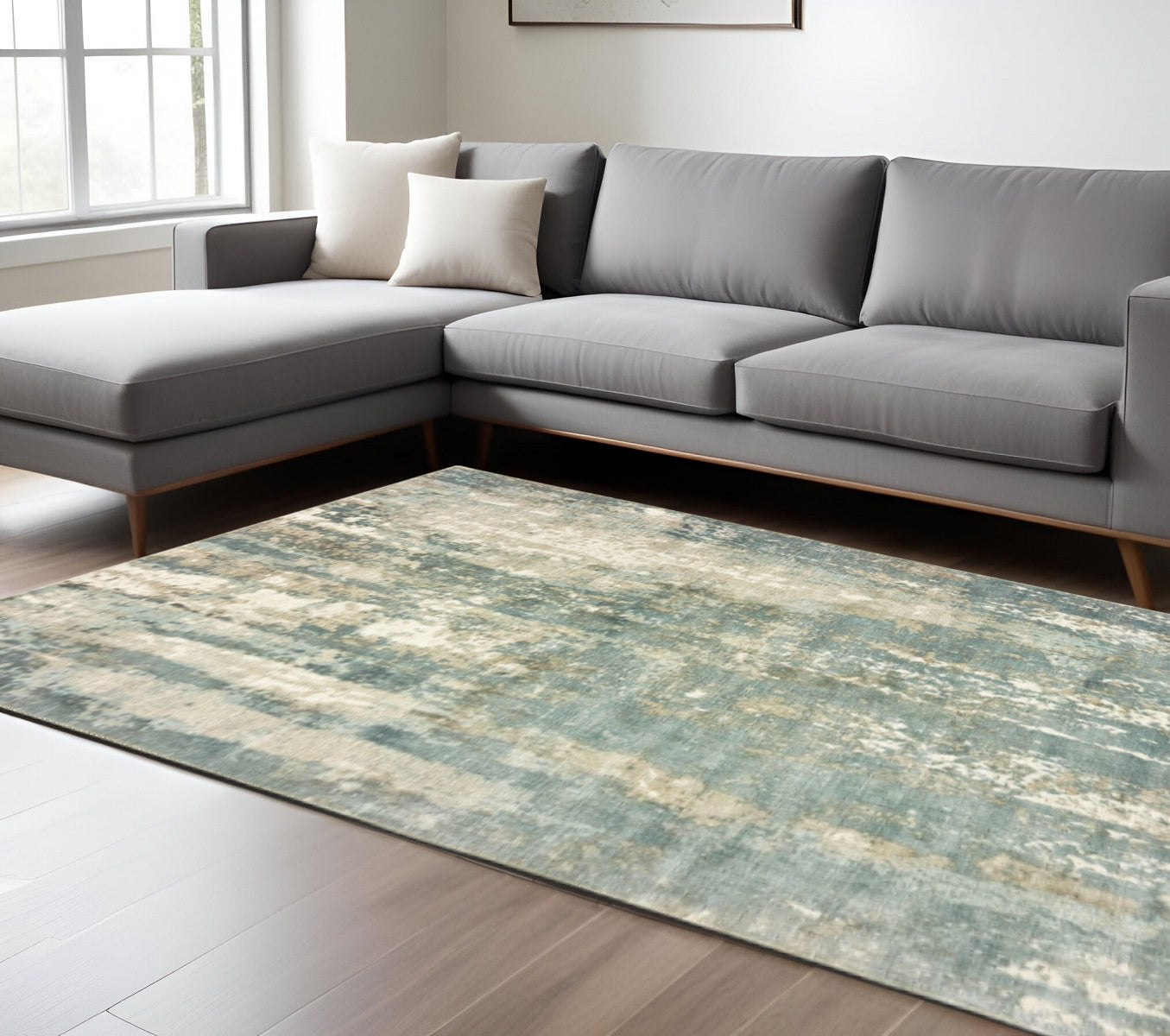 10' X 14' Blue And Gray Abstract Hand Loomed Distressed Area Rug - Home & Garden