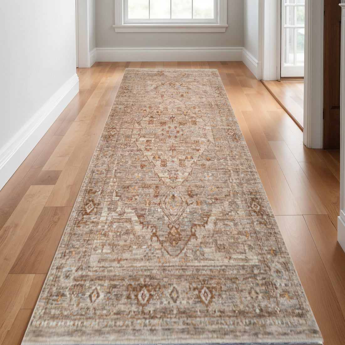 3' X 10' Beige And Brown Floral Medallion Runner Rug With Fringe - Home & Garden