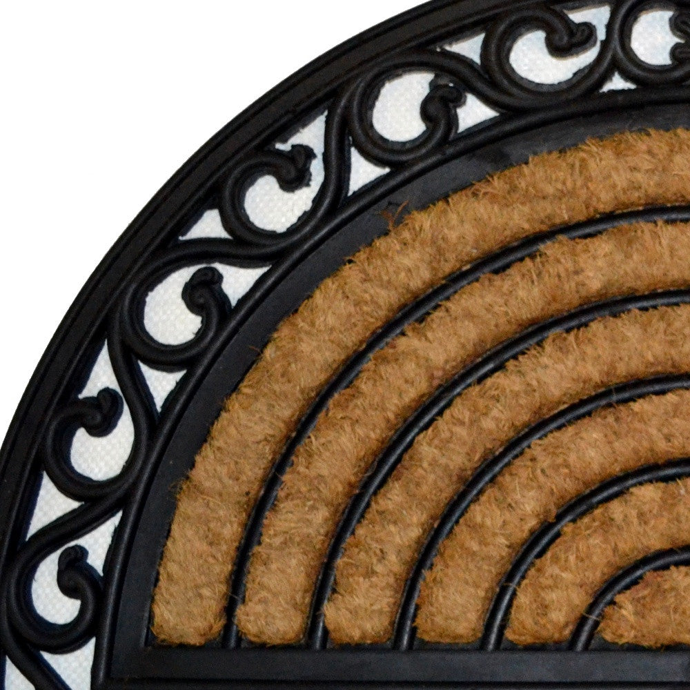 18" X 30" Beige and Black Rubber and Coir Outdoor Semi Circle Door Mat - Home & Garden