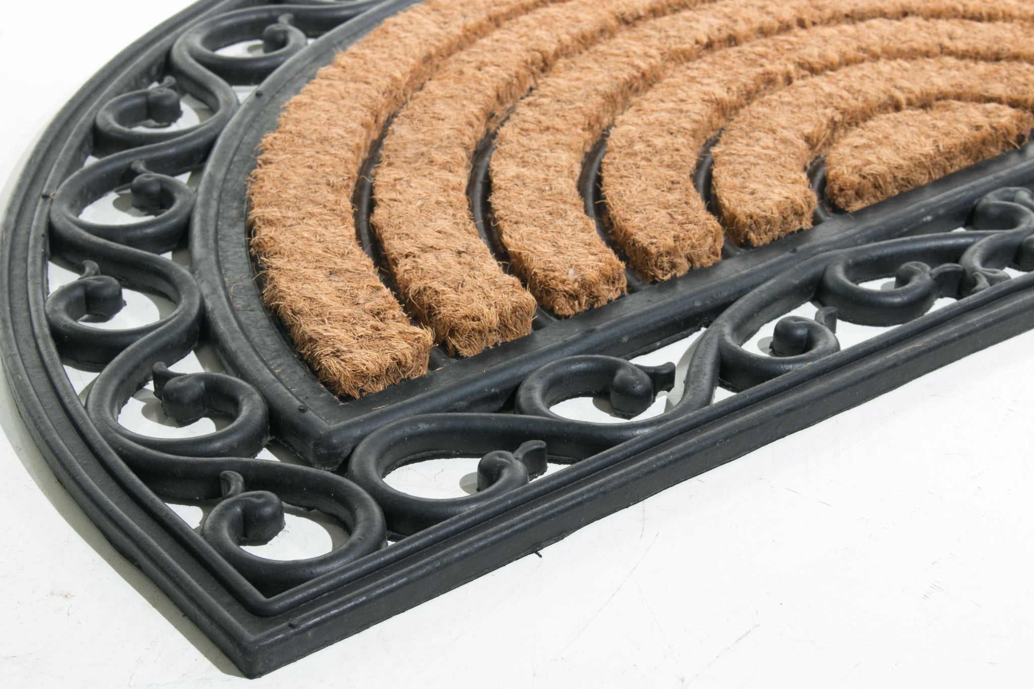 18" X 30" Beige and Black Rubber and Coir Outdoor Semi Circle Door Mat - Home & Garden