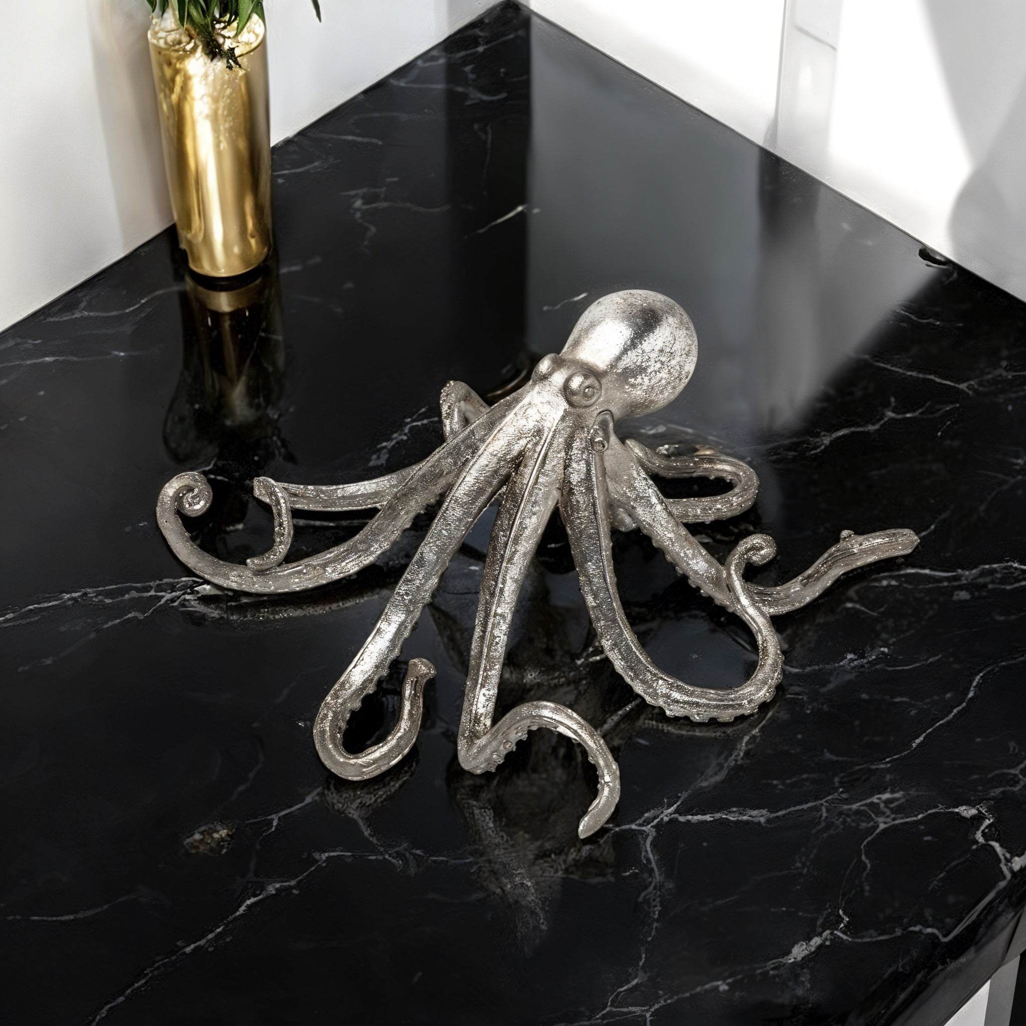12" Antiqued Silver Resin Octopus Tabletop Sculpture - GreatEagleInc