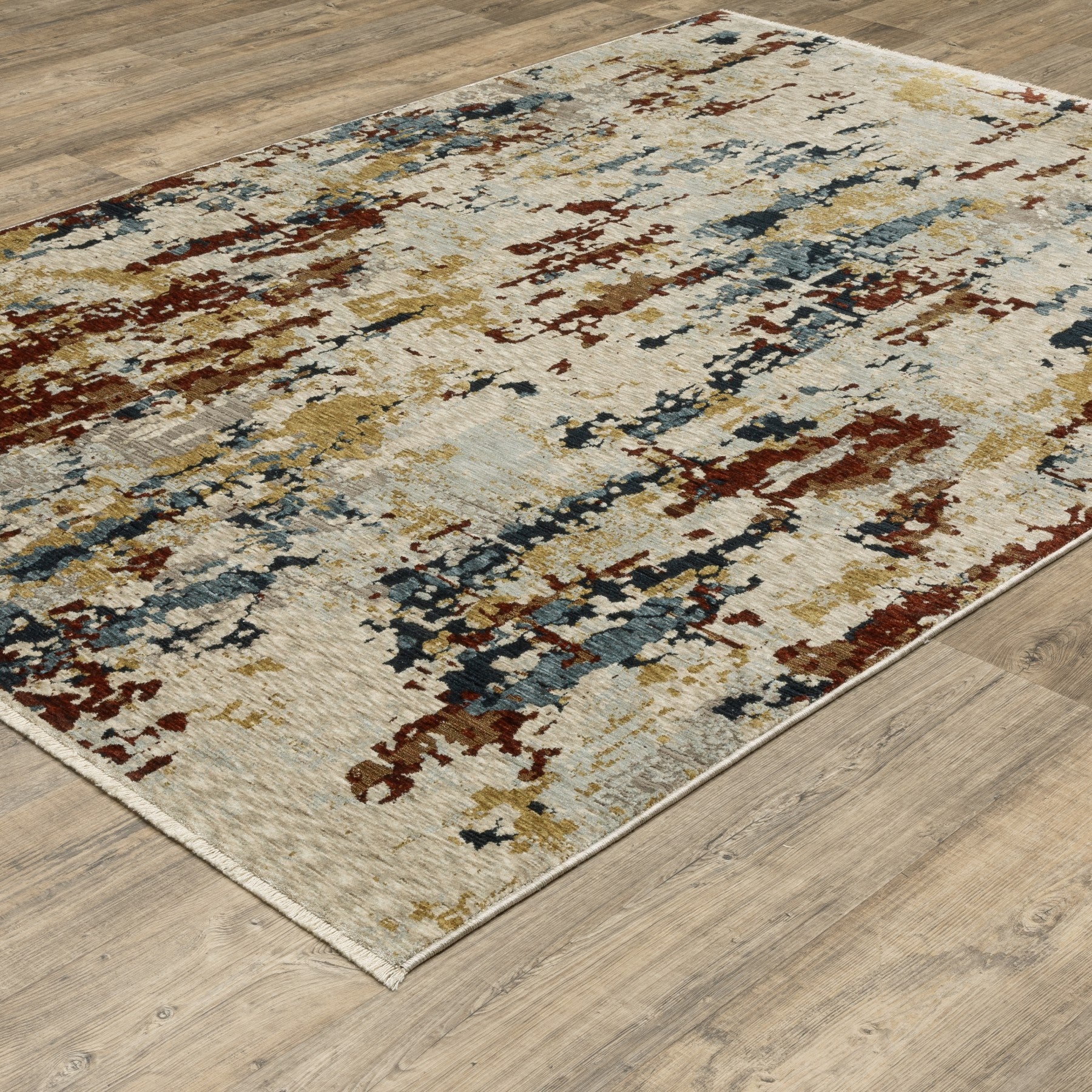 5' X 8' Beige Rust And Light Blue Abstract Distressed Area Rug With Fringe - Home & Garden