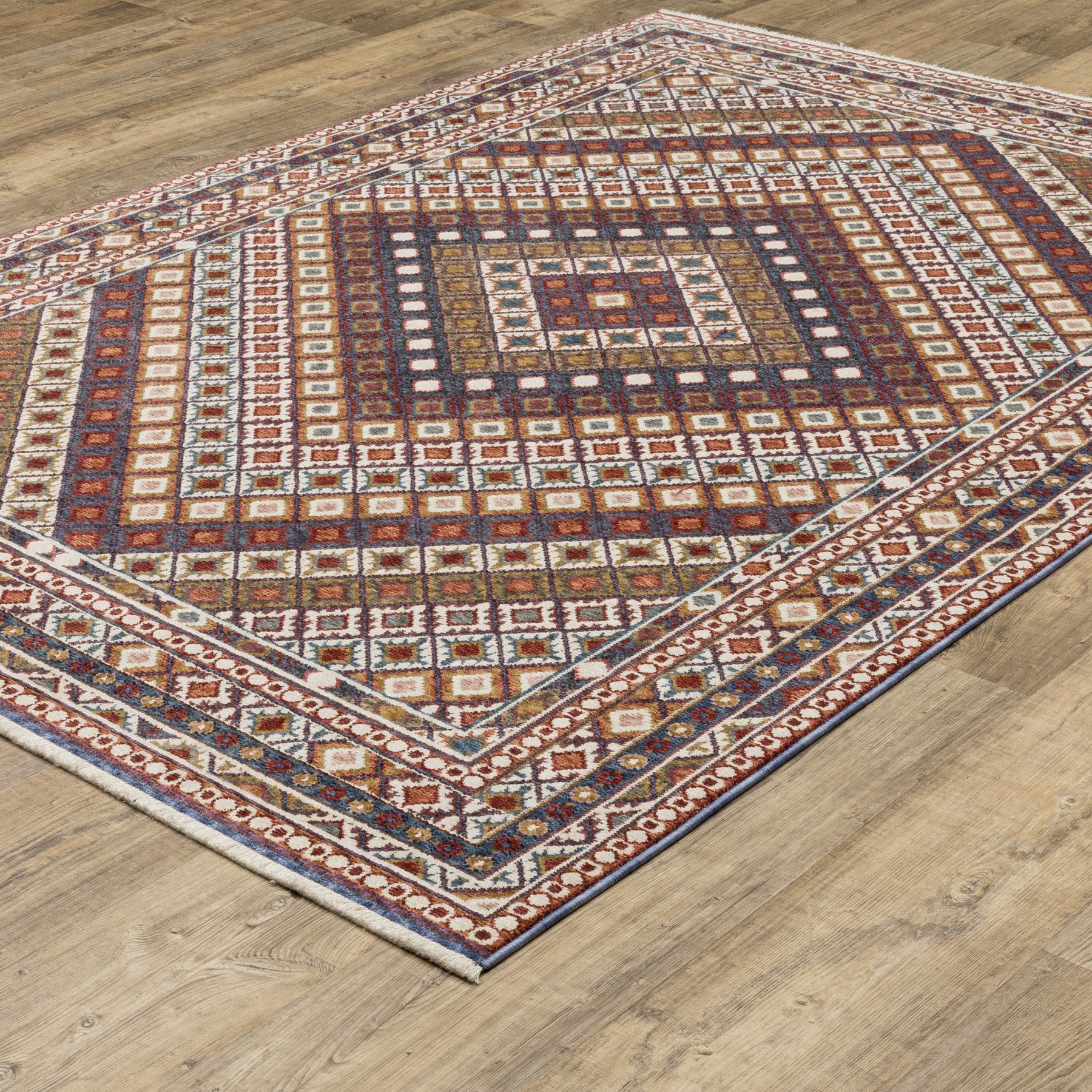 10' X 13' Ivory Red And Tan Diamond Area Rug With Fringe - Home & Garden
