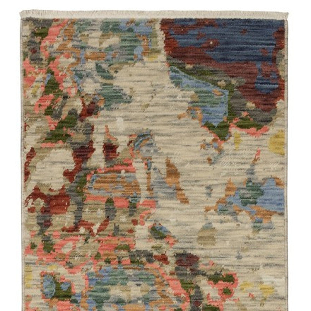 12' Beige Pink And Yellow Abstract Runner Rug With Fringe - Home & Garden