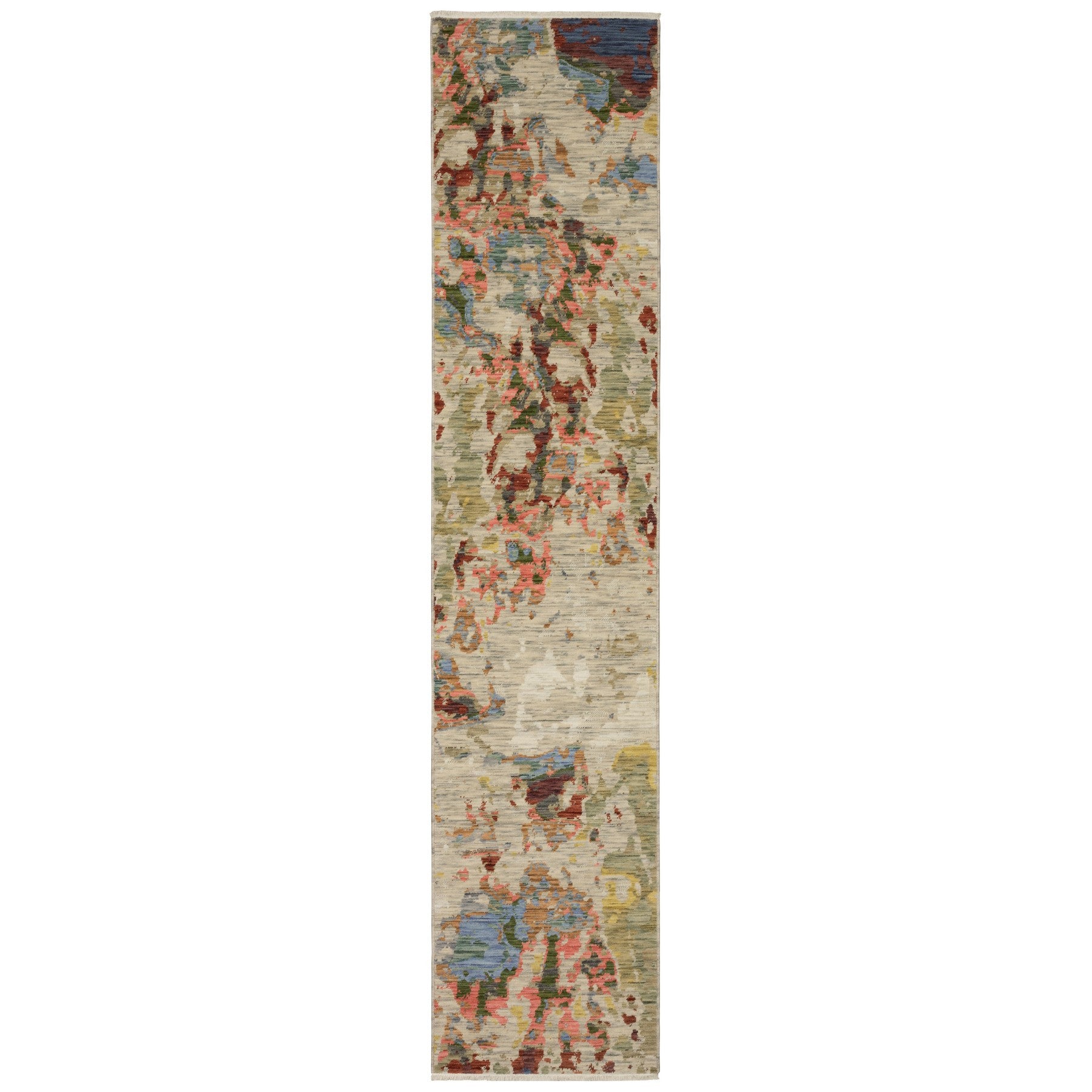 12' Beige Pink And Yellow Abstract Runner Rug With Fringe - Home & Garden