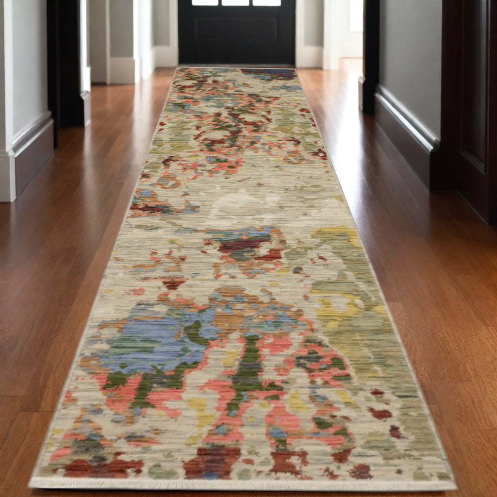 12' Beige Pink And Yellow Abstract Runner Rug With Fringe - Home & Garden