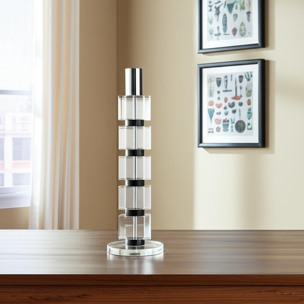 11" Silver Clear And Black Geo Crystal Tabletop Taper Candlestick - Home & Garden