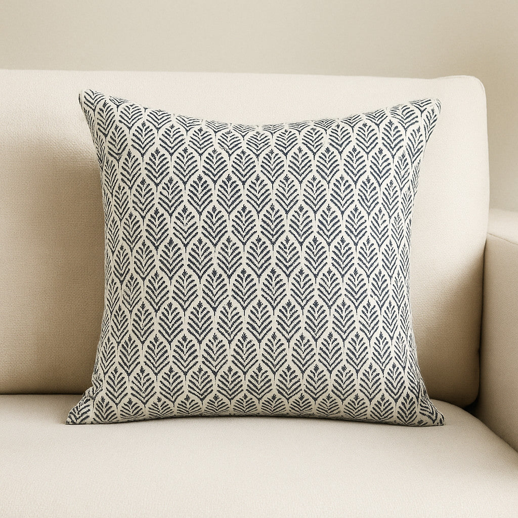22" Cream And Indigo Botanical Linen Throw Pillow Cover with Embroidery - Home & Garden