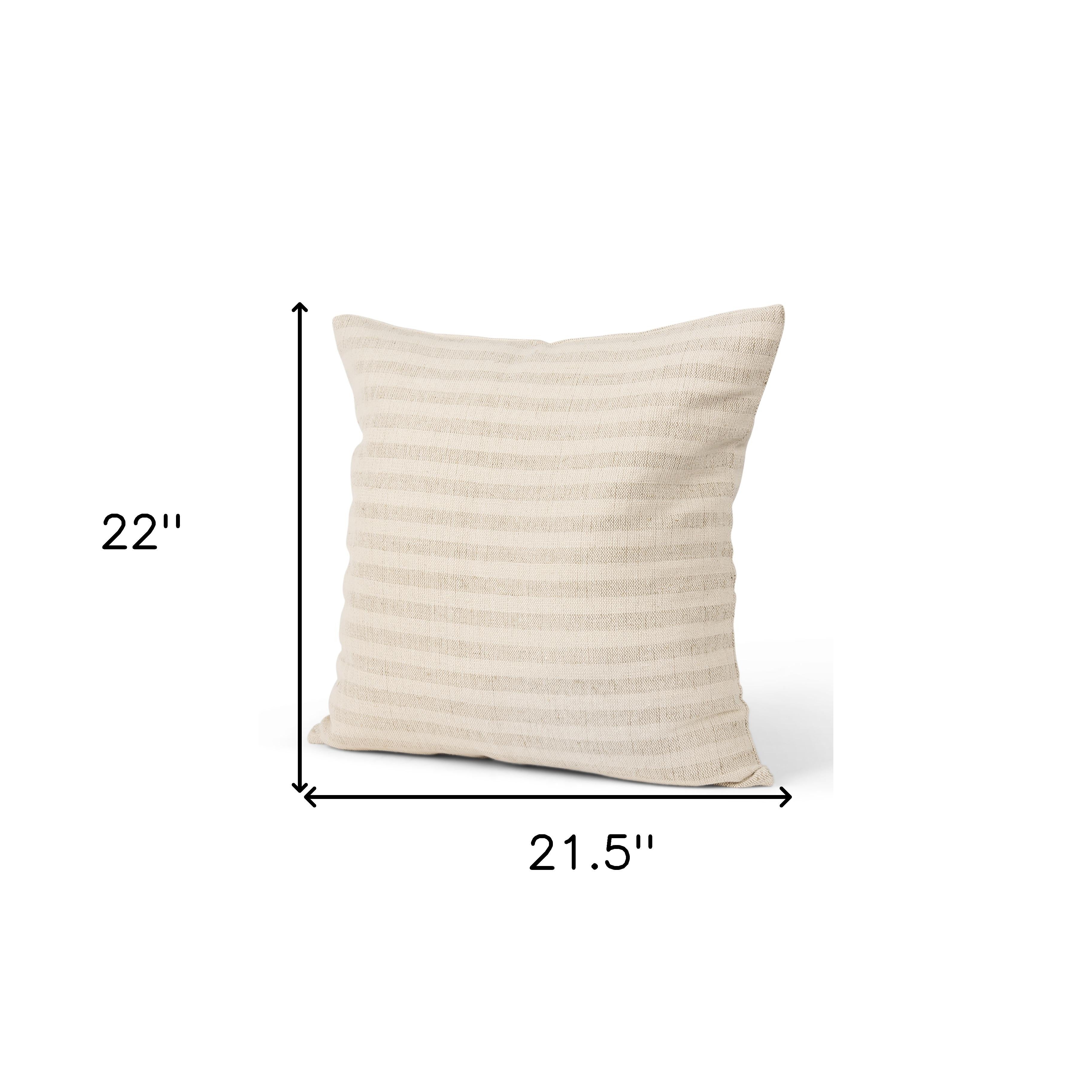 22" Cream And Beige Striped Linen Blend Throw Pillow Cover with Embroidery - Home & Garden