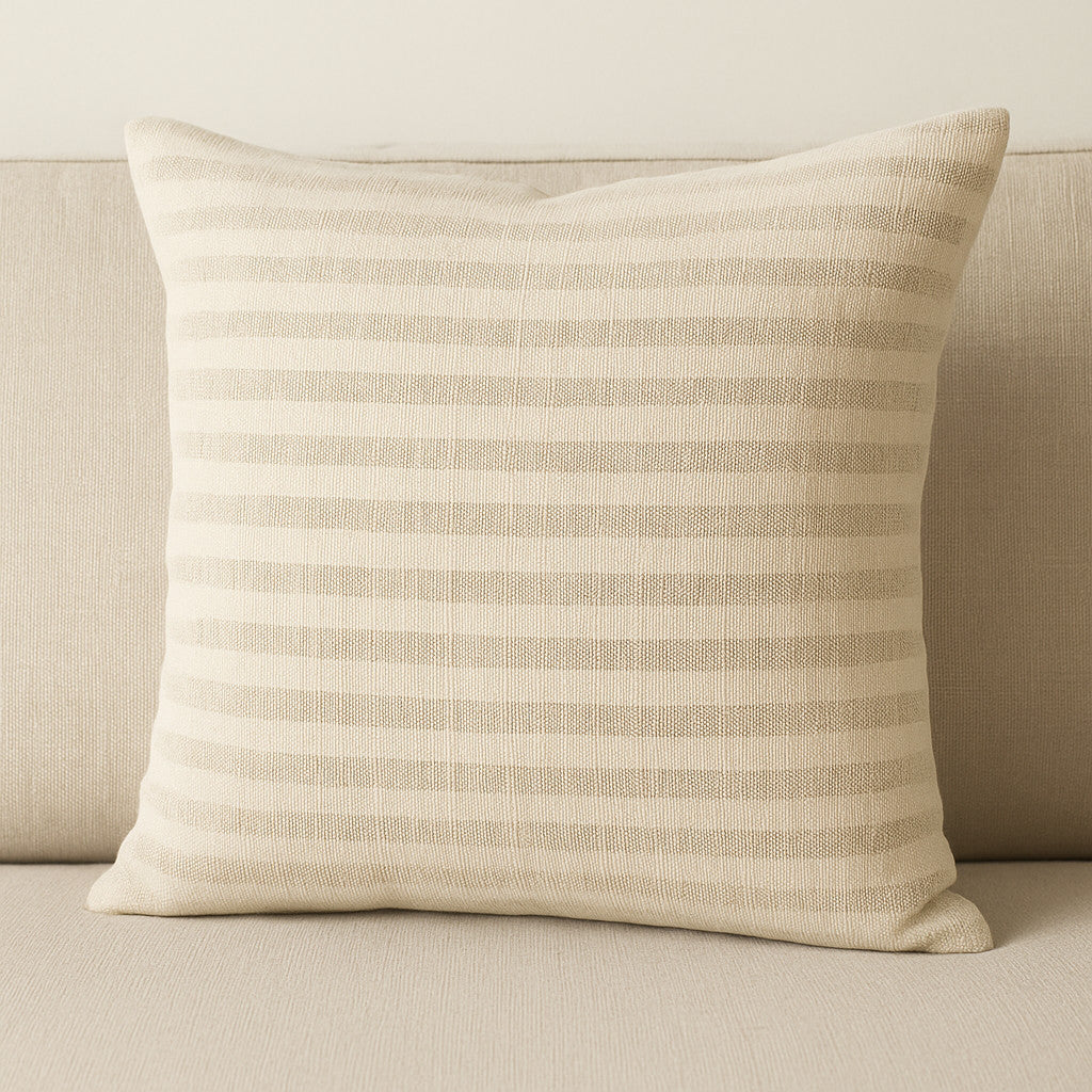 22" Cream And Beige Striped Linen Blend Throw Pillow Cover with Embroidery - Home & Garden