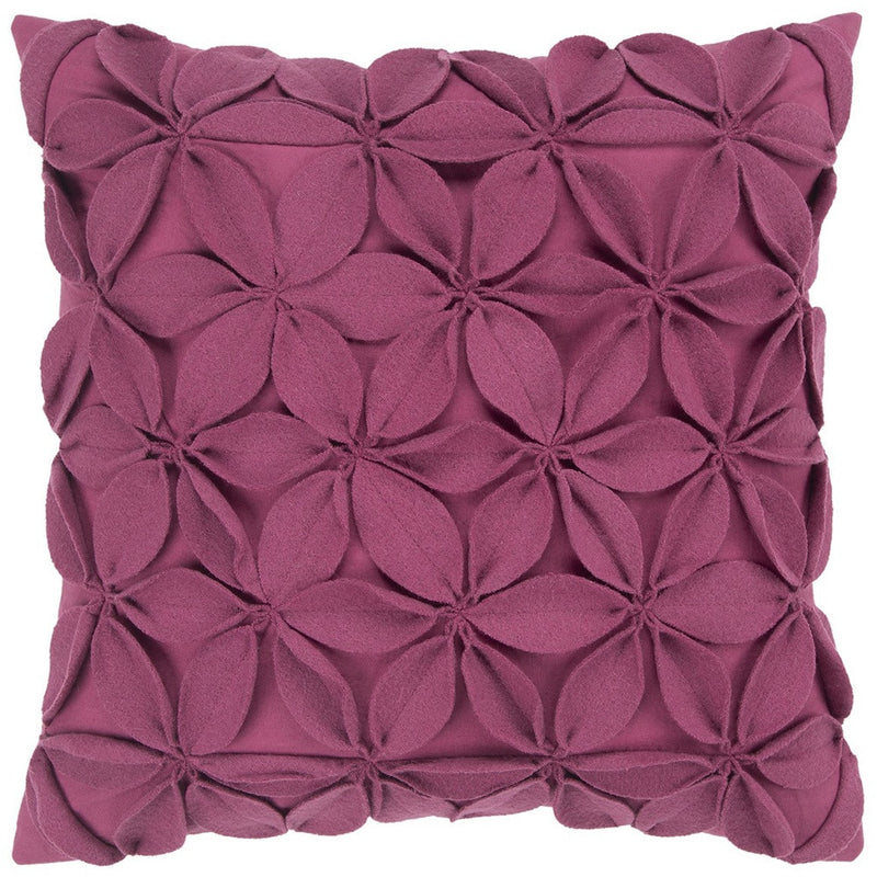 18" Magenta Floral Wool Blend Throw Pillow With Applique - Home Decor