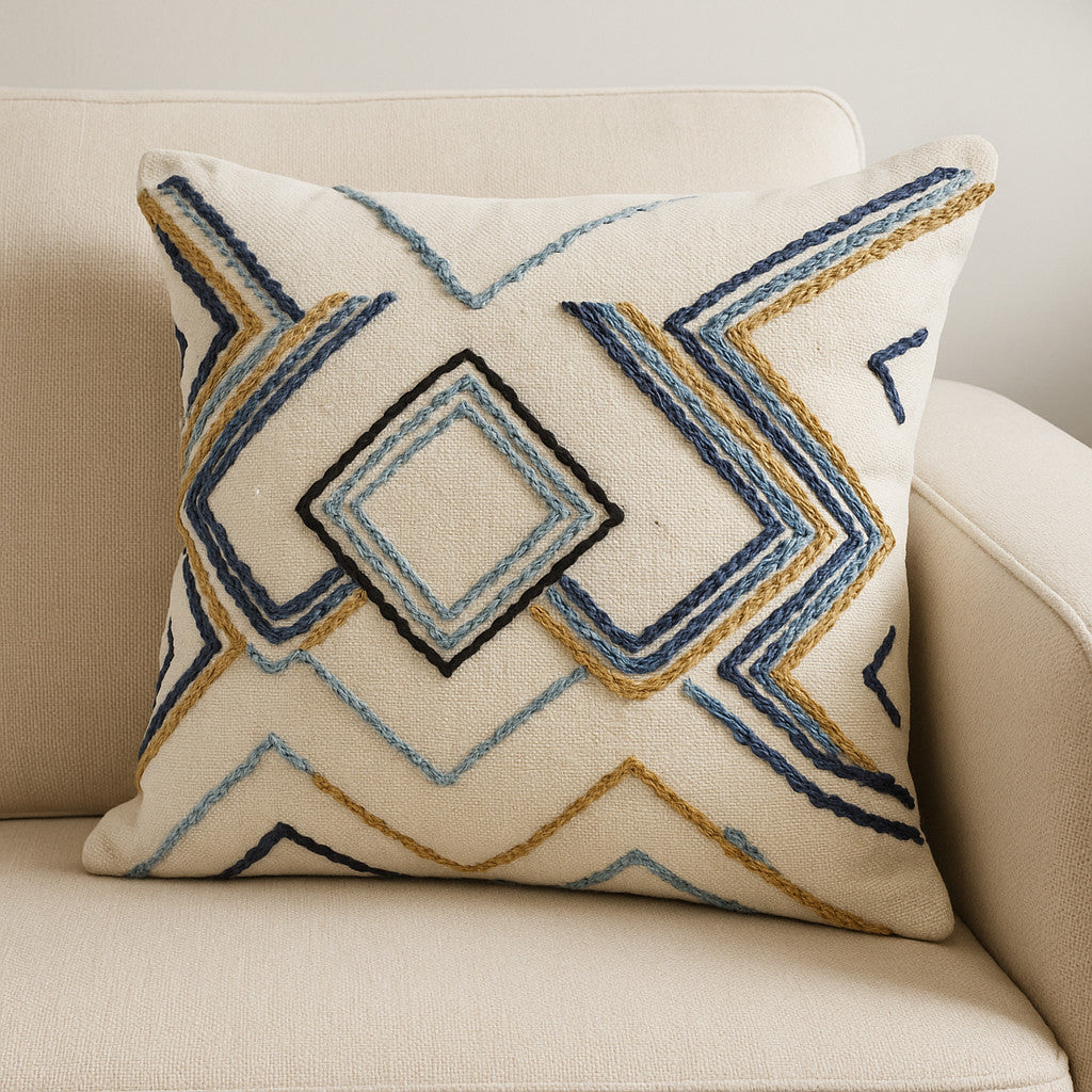 20" Blue Yellow And Black Geometric Wool Blend Throw Pillow Cover with Texture - Home & Garden
