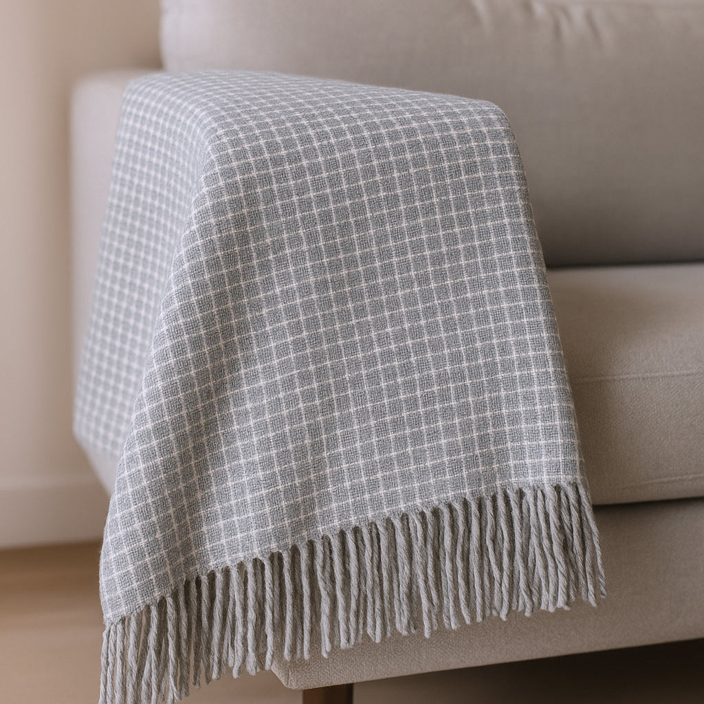 50" X 67" Light Gray And Cream Cotton Blend Woven Plaid Throw Blanket with Fringe - Home & Garden