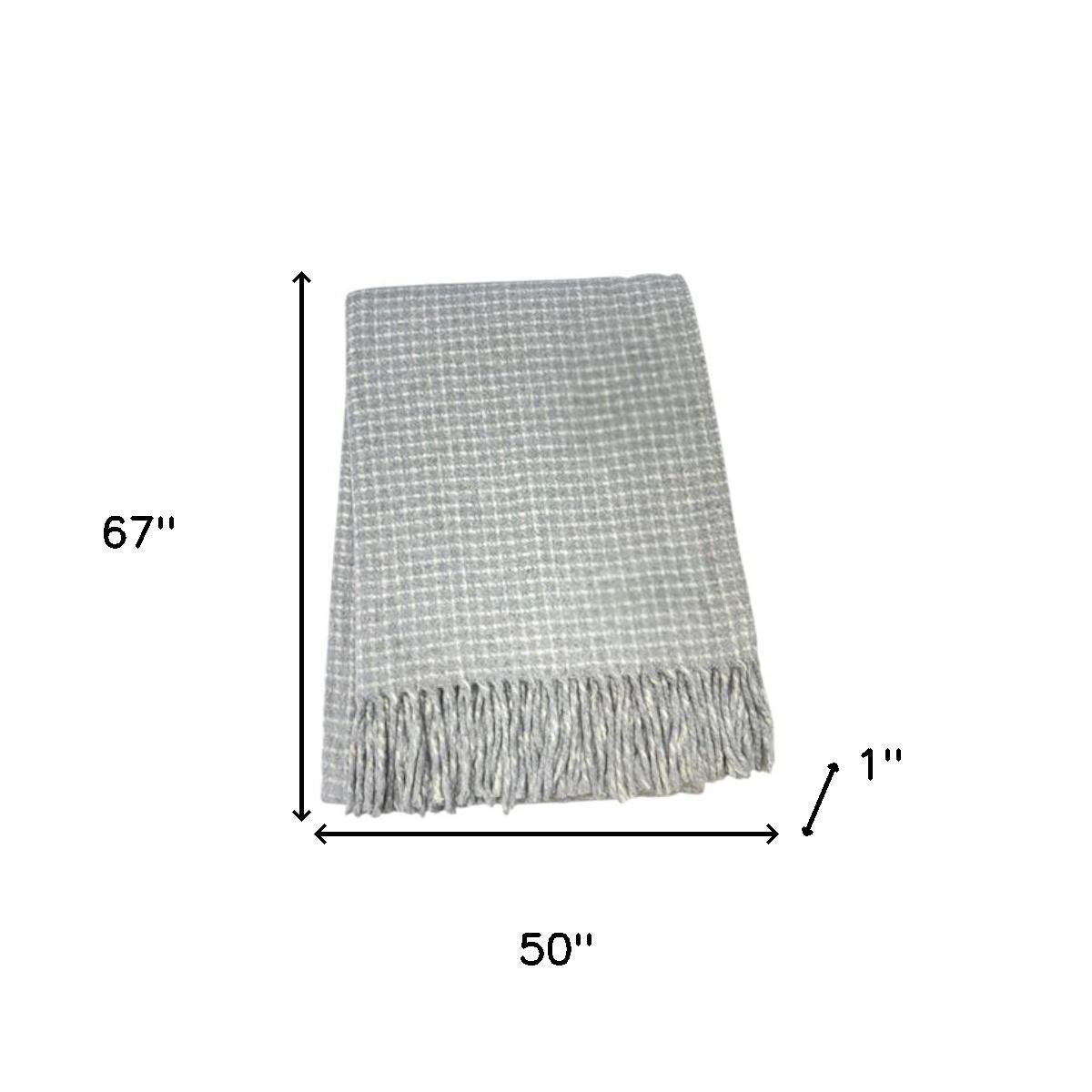 50" X 67" Light Gray And Cream Cotton Blend Woven Plaid Throw Blanket with Fringe - Home & Garden