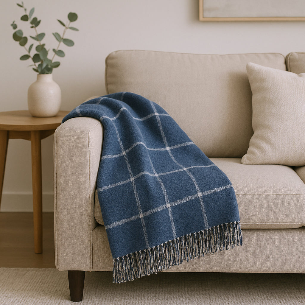 50" X 67" Denim Blue And White Cotton Blend Woven Plaid Throw Blanket with Fringe - Home & Garden