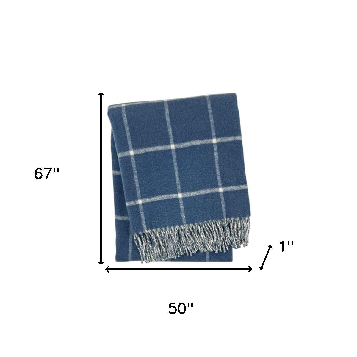 50" X 67" Denim Blue And White Cotton Blend Woven Plaid Throw Blanket with Fringe - Home & Garden