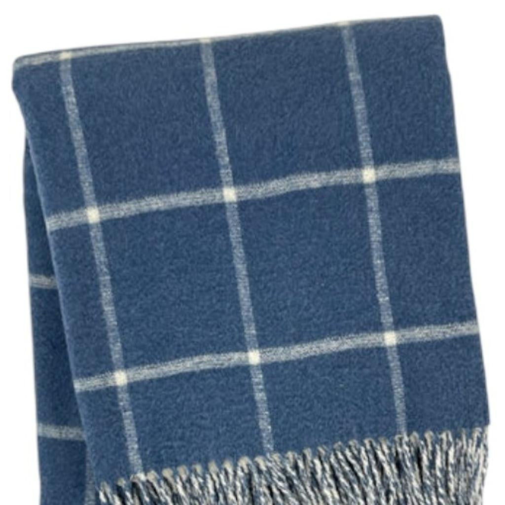 50" X 67" Denim Blue And White Cotton Blend Woven Plaid Throw Blanket with Fringe - Home & Garden