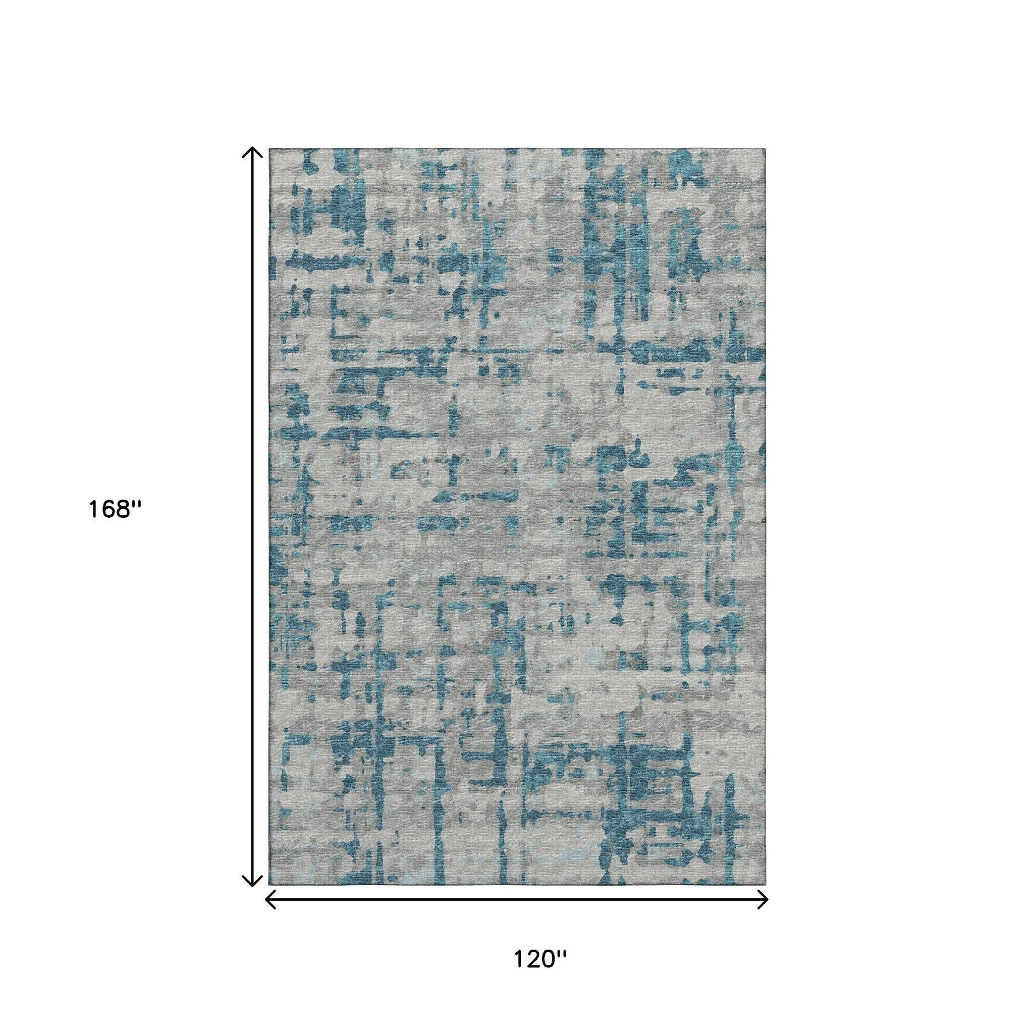 10' X 14' Persian Blue And Gray Abstract Distressed Washable Area Rug With UV Protection - Home & Garden