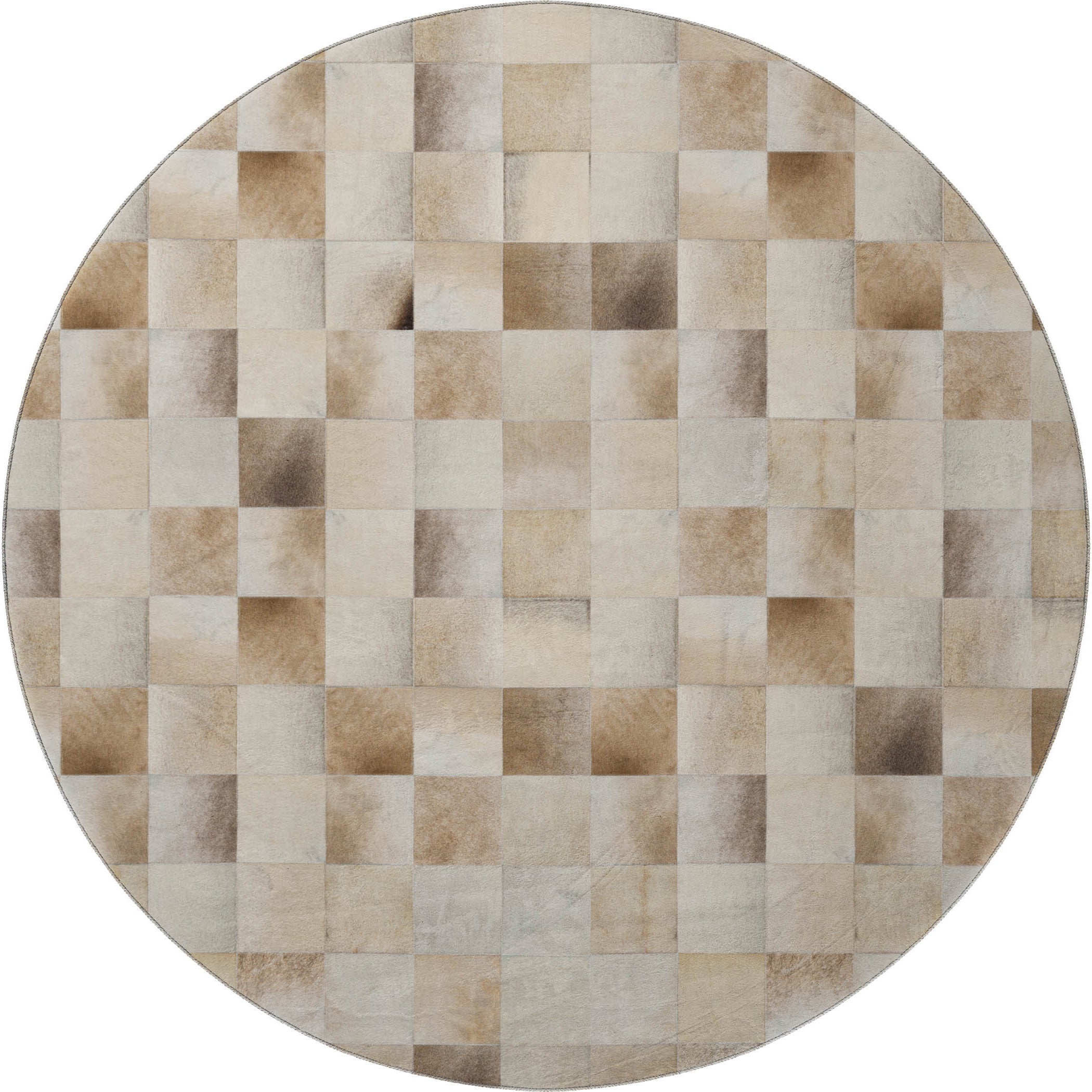 8' Taupe Ivory And Beige Patchwork Washable Round Rug With UV Protection - Home & Garden