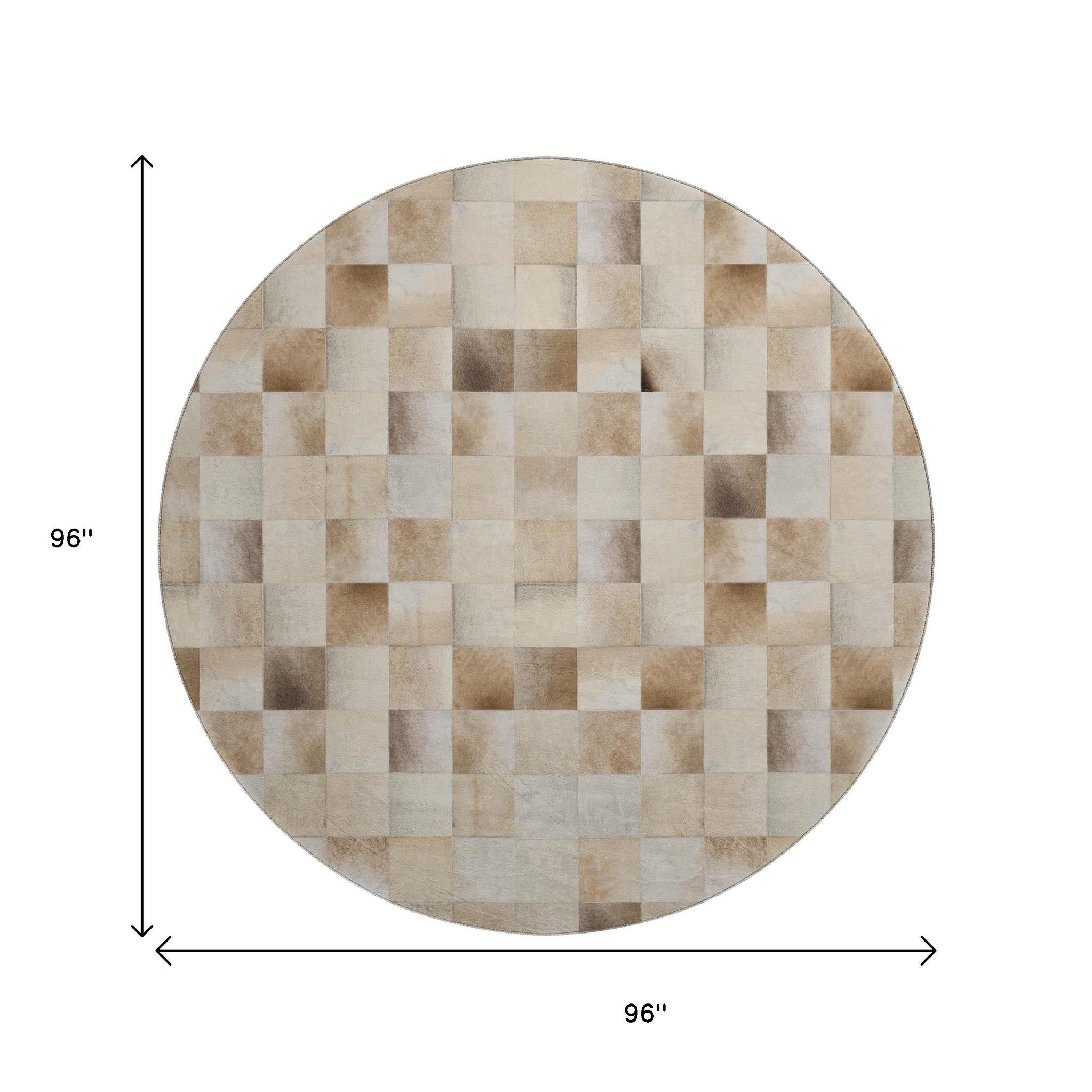 8' Taupe Ivory And Beige Patchwork Washable Round Rug With UV Protection - Home & Garden