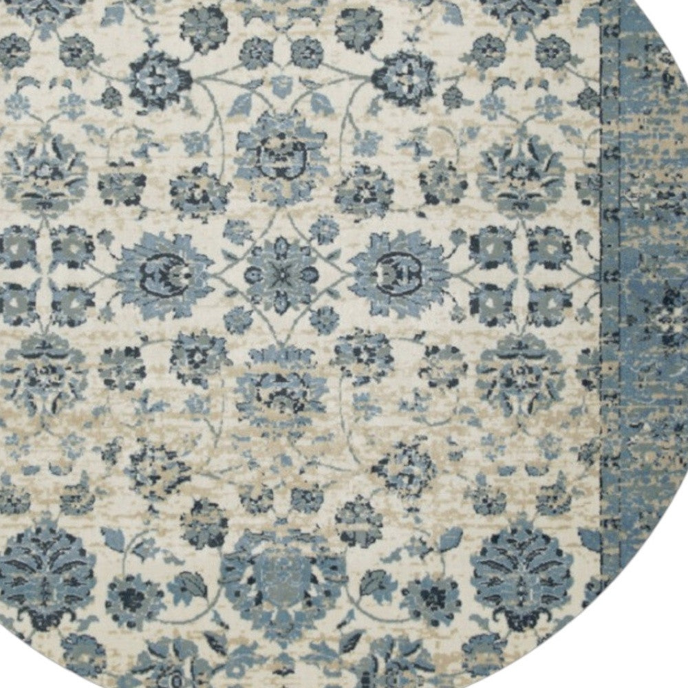 8' Ivory And Sky Blue Oriental Round Rug - Home Decor