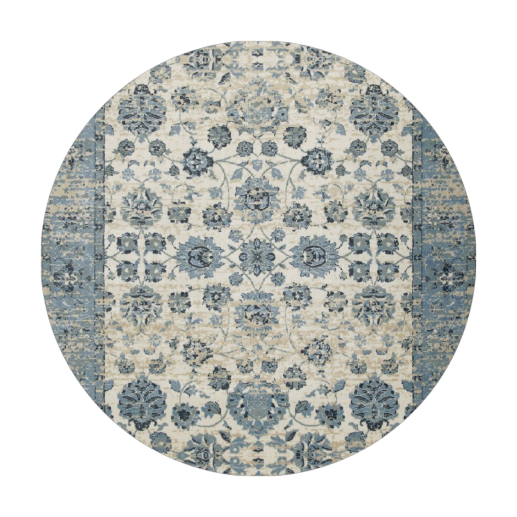 8' Ivory And Sky Blue Oriental Round Rug - Home Decor