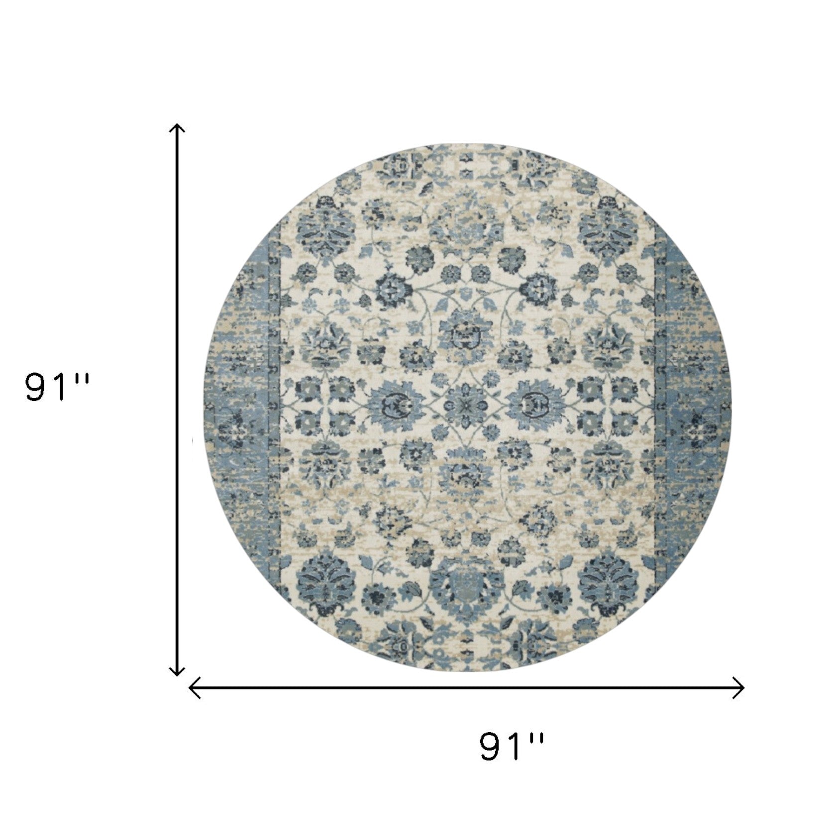8' Ivory And Sky Blue Oriental Round Rug - Home Decor