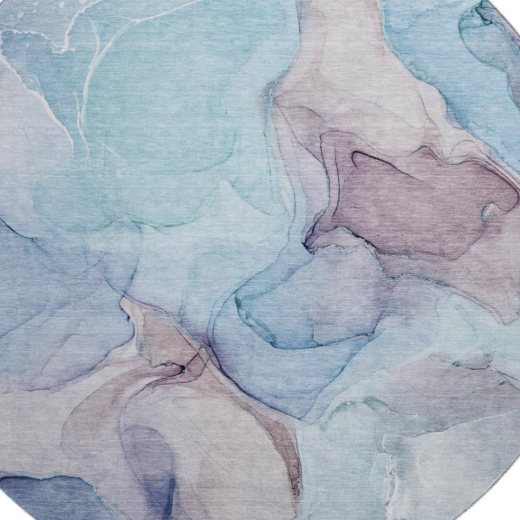 8' Navy Blue Purple And Gray Abstract Washable Round Rug With UV Protection - Home & Garden