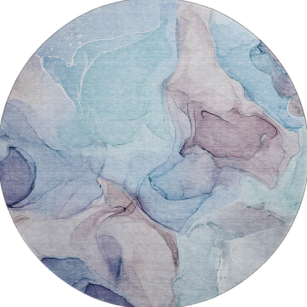 8' Navy Blue Purple And Gray Abstract Washable Round Rug With UV Protection - Home & Garden