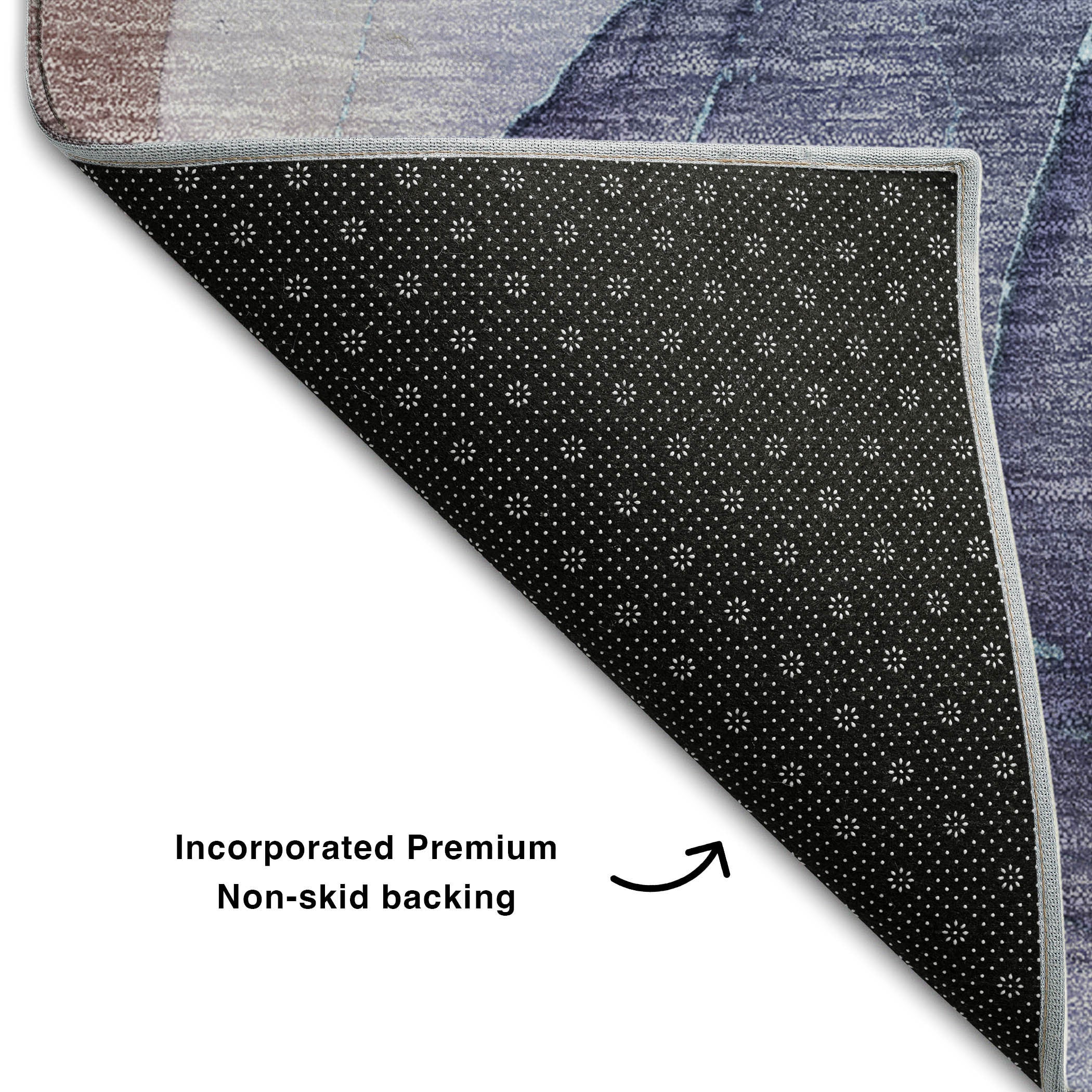 8' Navy Blue Purple And Gray Abstract Washable Round Rug With UV Protection - Home & Garden