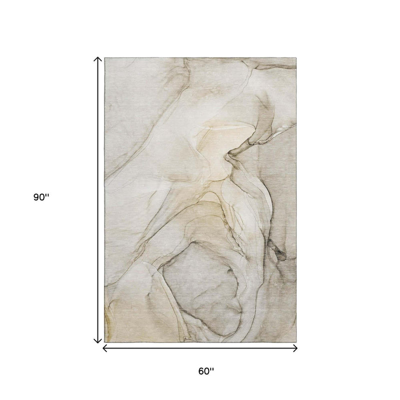 5' X 8' Beige And Ivory Abstract Washable Area Rug With UV Protection - Home & Garden