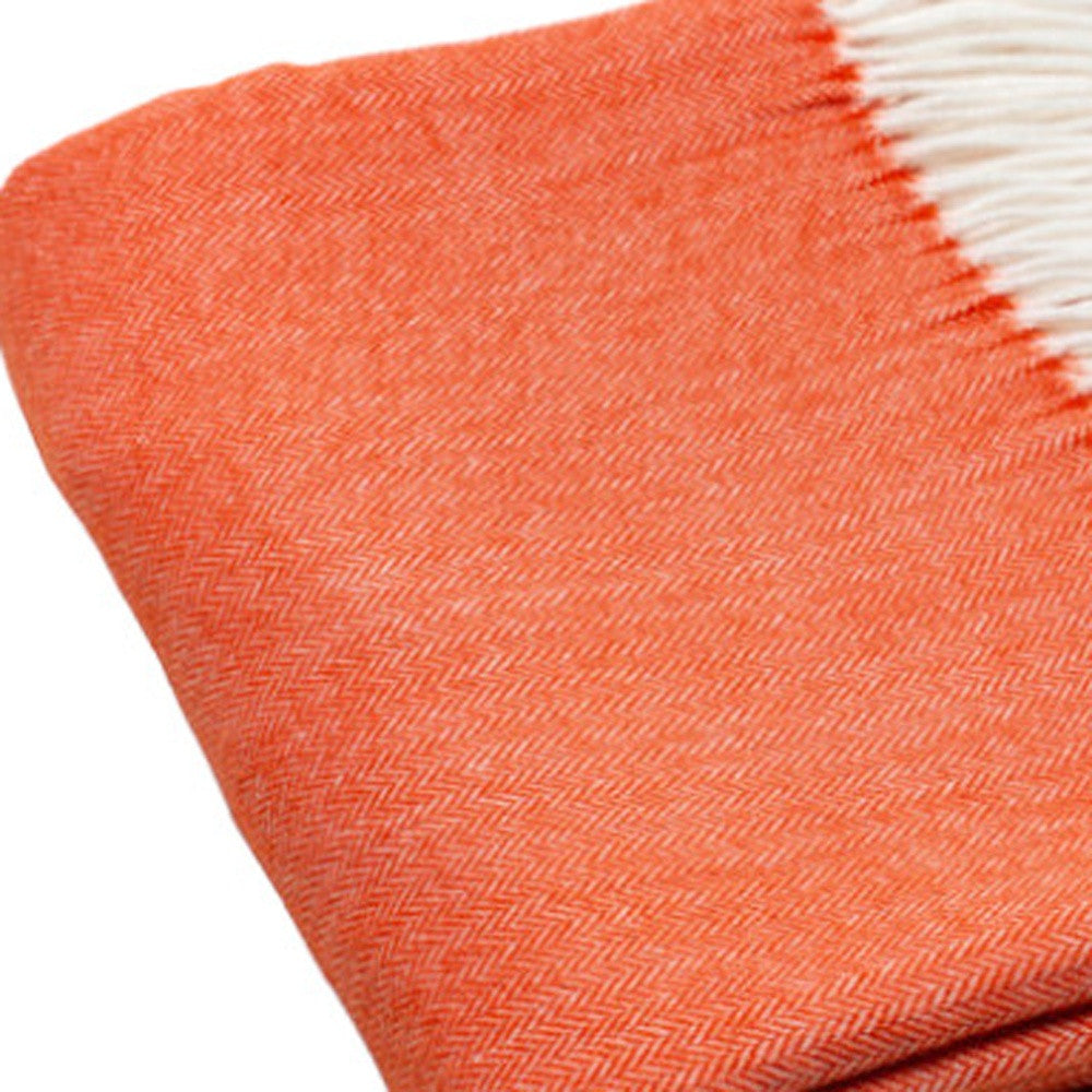 50" X 60" Orange And White Woven Herringbone Plush Throw Blanket - Home Decor