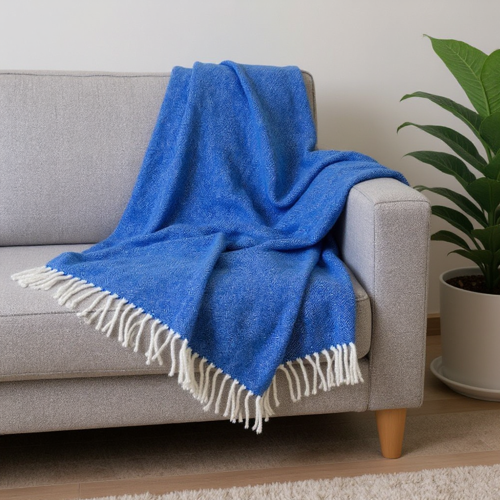50" X 60" Royal Blue And White Woven Herringbone Plush Throw Blanket - Home Decor