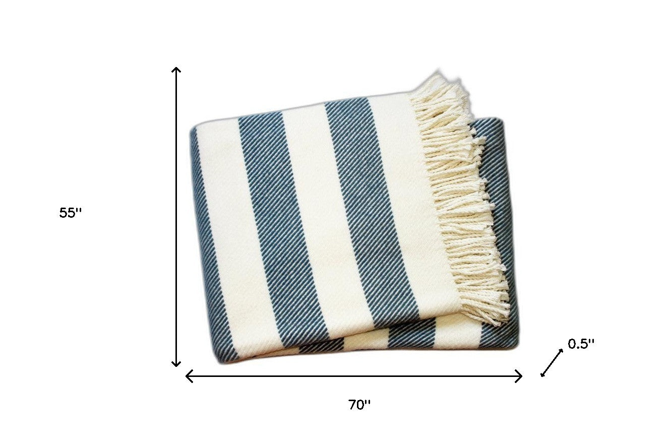 Cream and Slate Slanted Stripe Fringed Throw Blanket - Home Decor