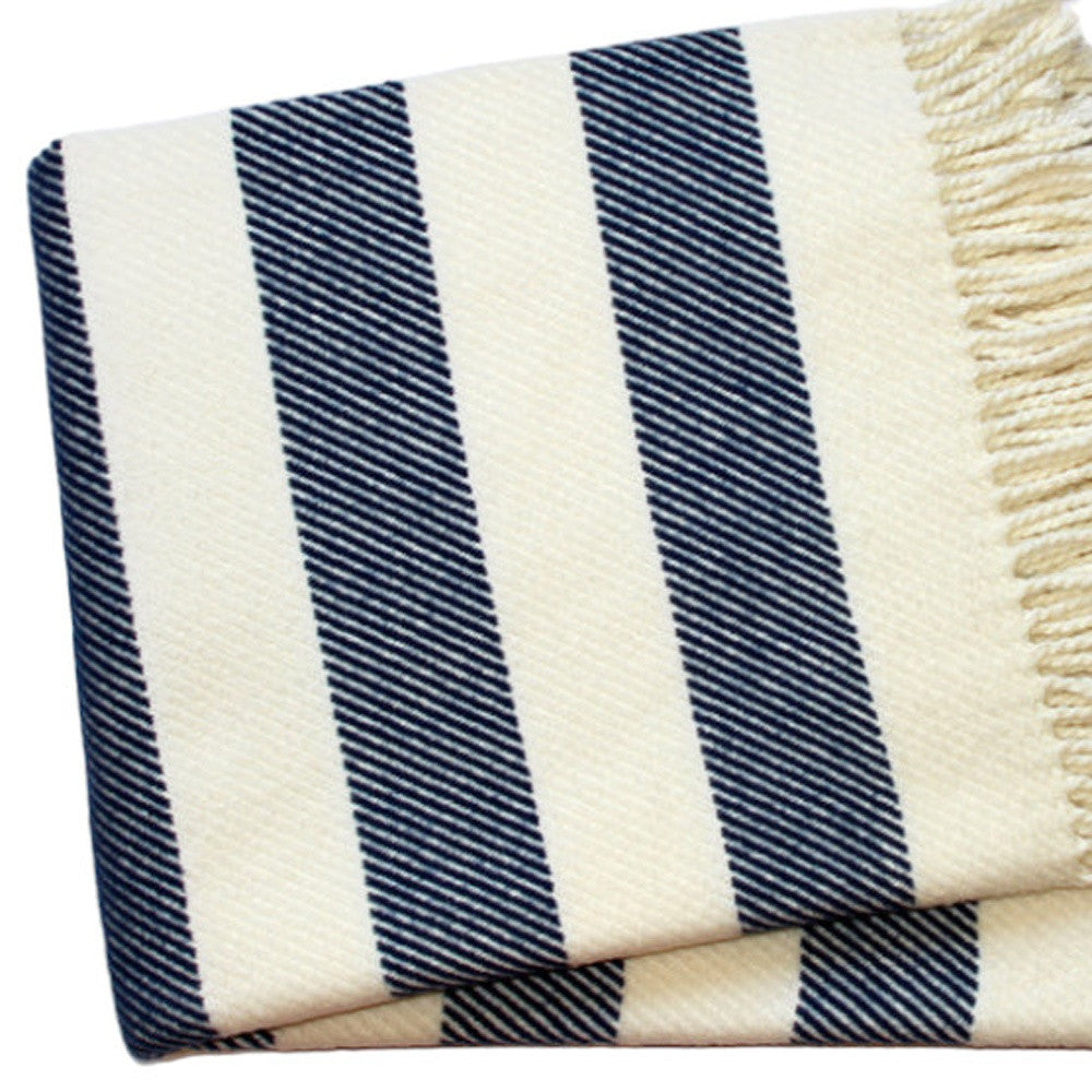 55" X 70" Blue And Cream Striped Cotton Plush Throw Blanket - Home Decor