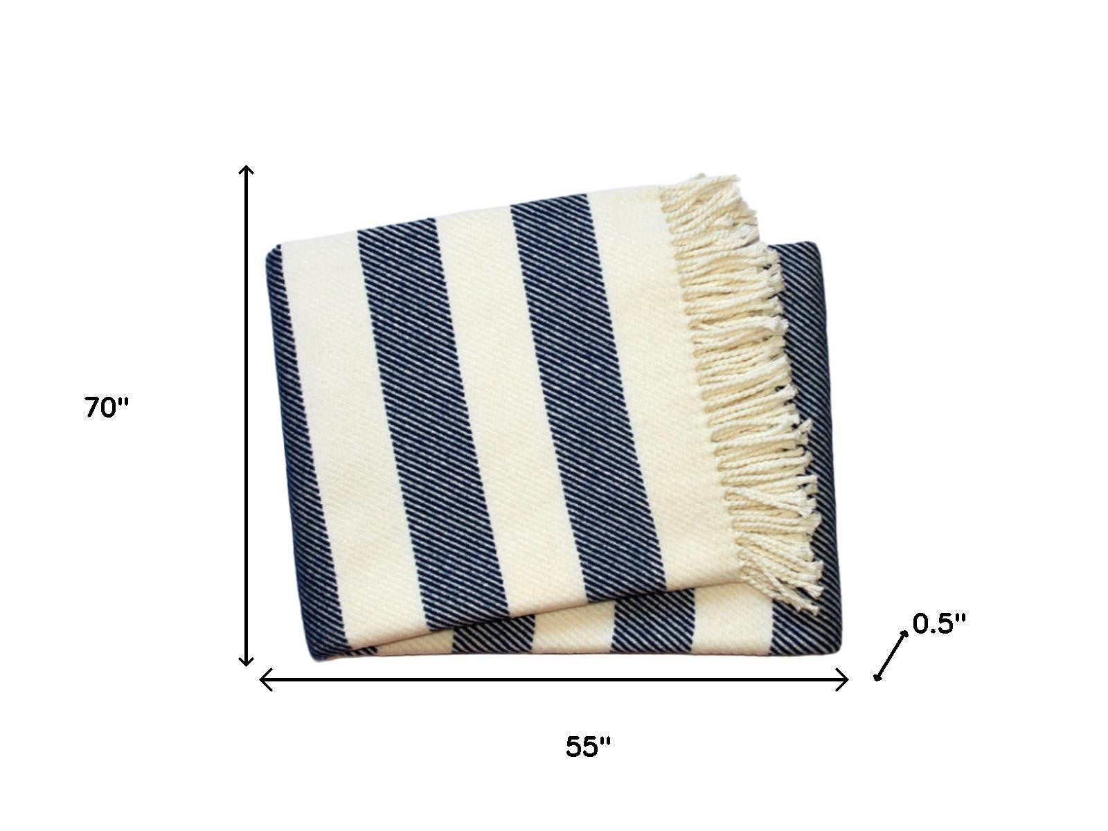 55" X 70" Blue And Cream Striped Cotton Plush Throw Blanket - Home Decor