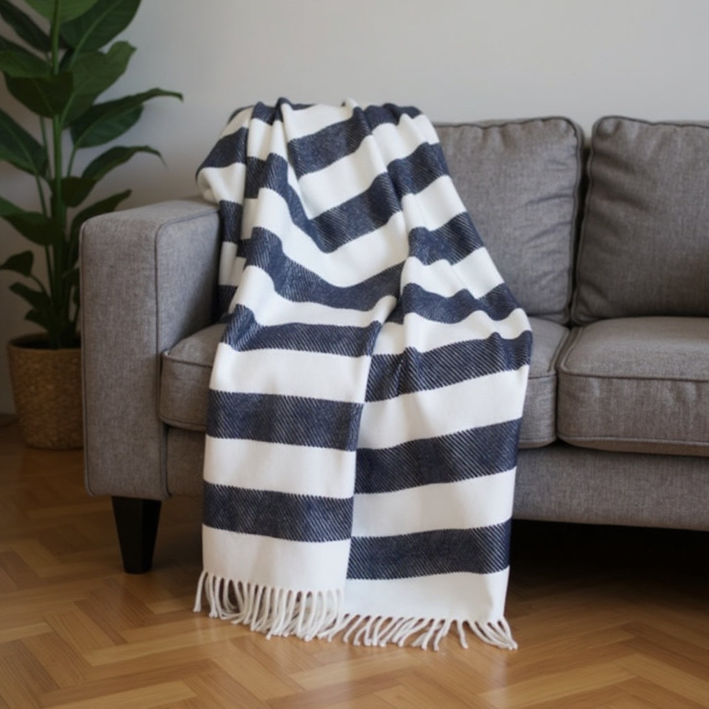 55" X 70" Blue And Cream Striped Cotton Plush Throw Blanket - Home Decor