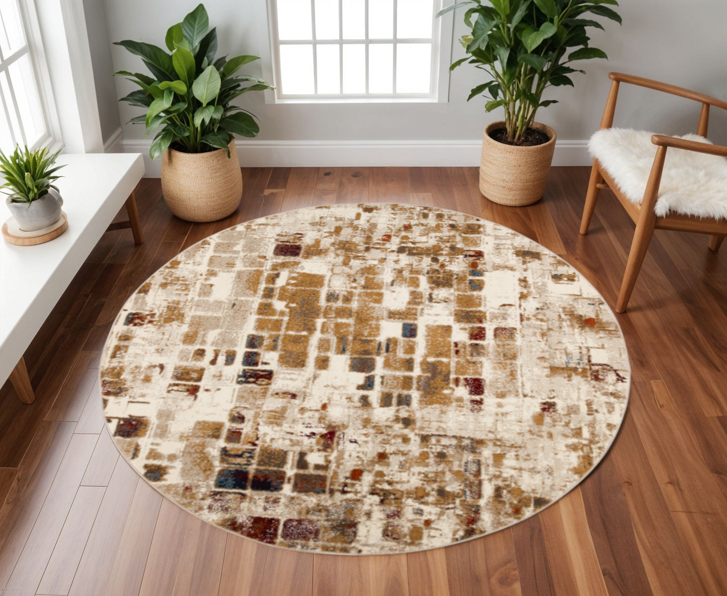8' Natural And Brown Abstract Distressed Round Rug - Home Decor