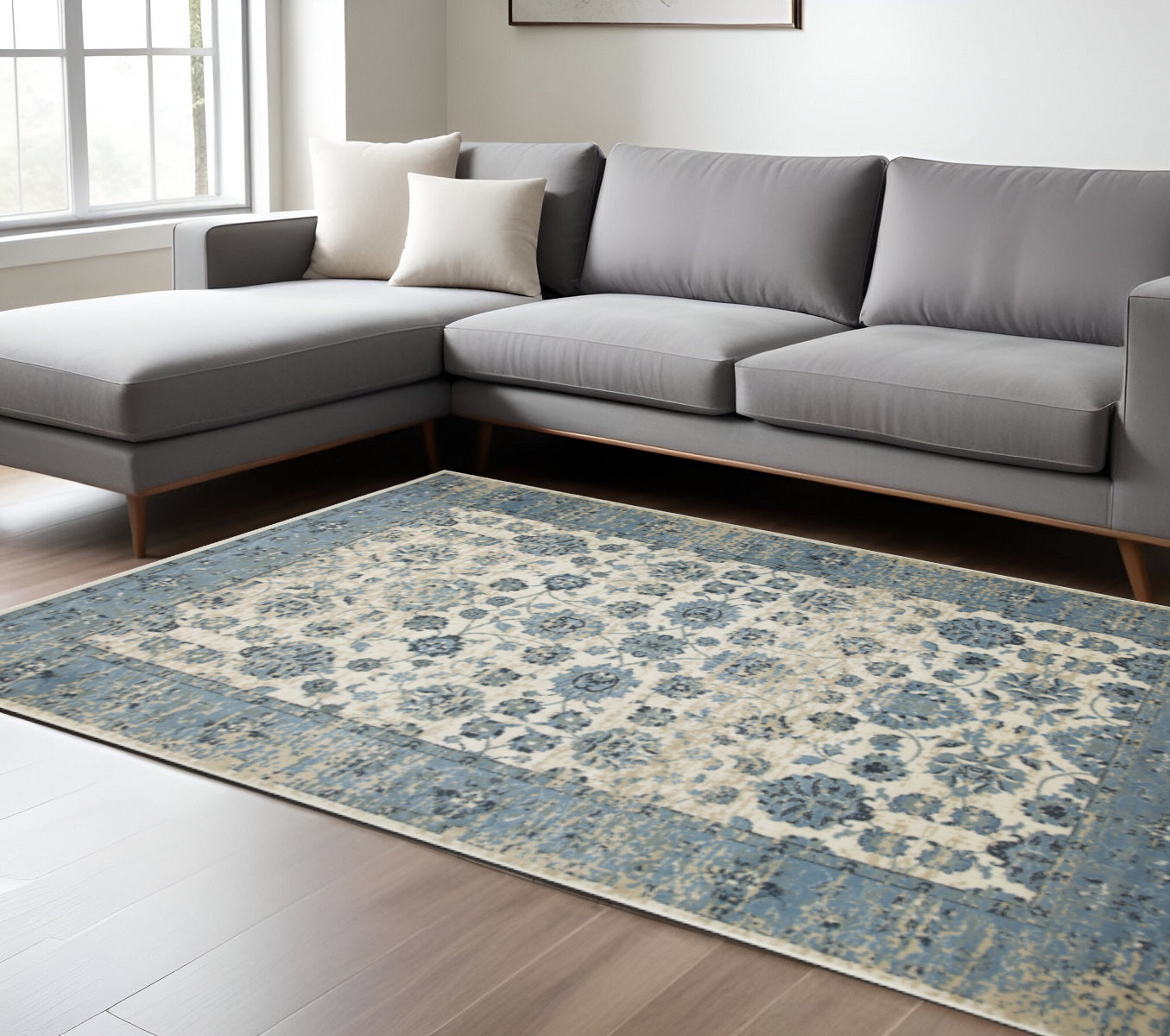 8' X 11' Ivory And Sky Blue Oriental Area Rug - Home Decor