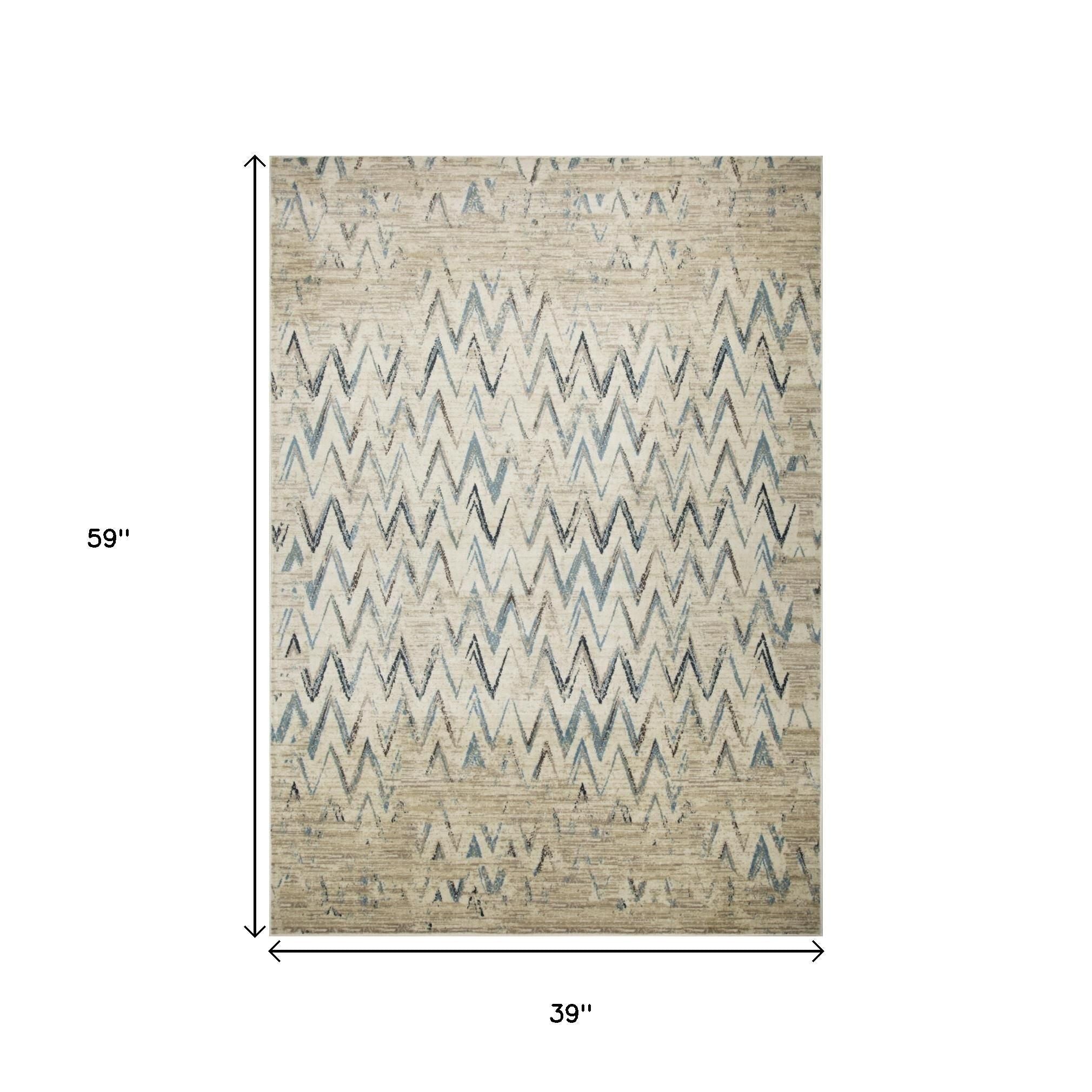 3' X 5' Ivory And Blue Chevron Area Rug - Home & Garden
