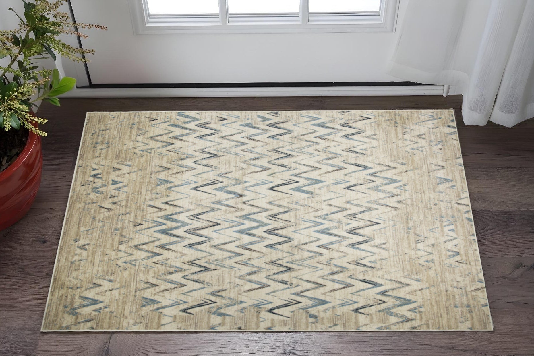 3' X 5' Ivory And Blue Chevron Area Rug - Home & Garden
