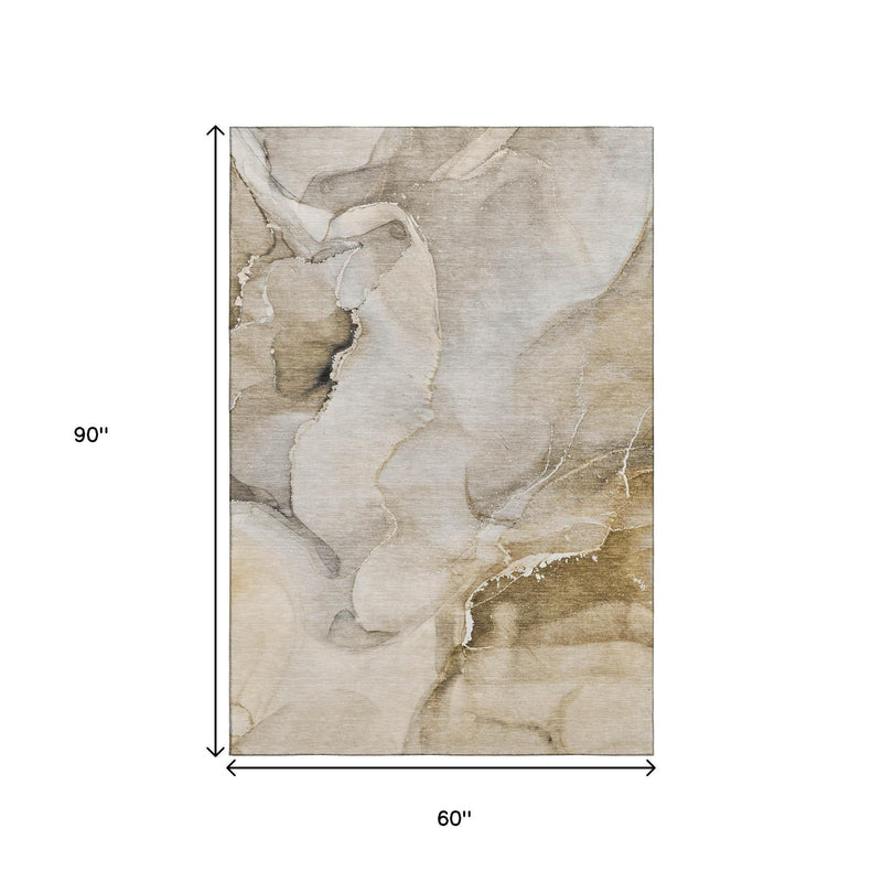 5' X 8' Beige And Ivory Abstract Washable Area Rug With UV Protection - Home & Garden