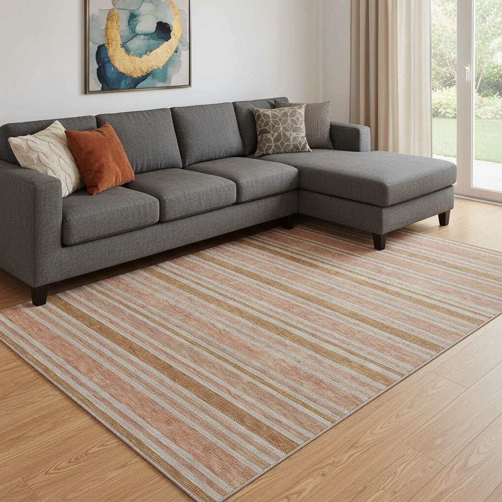 10' X 14' Rust And Beige Striped Washable Area Rug With UV Protection - Home & Garden