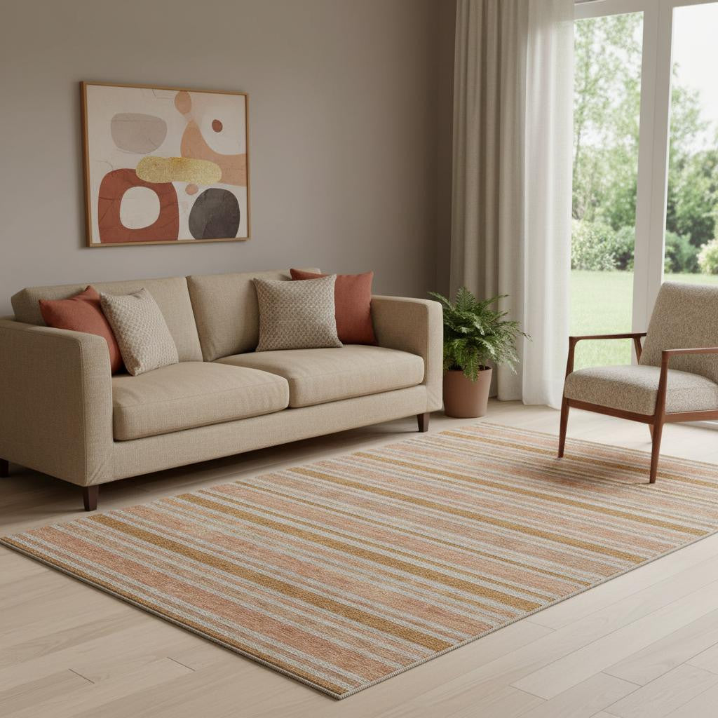 5' X 8' Rust And Beige Striped Washable Area Rug With UV Protection - Home & Garden