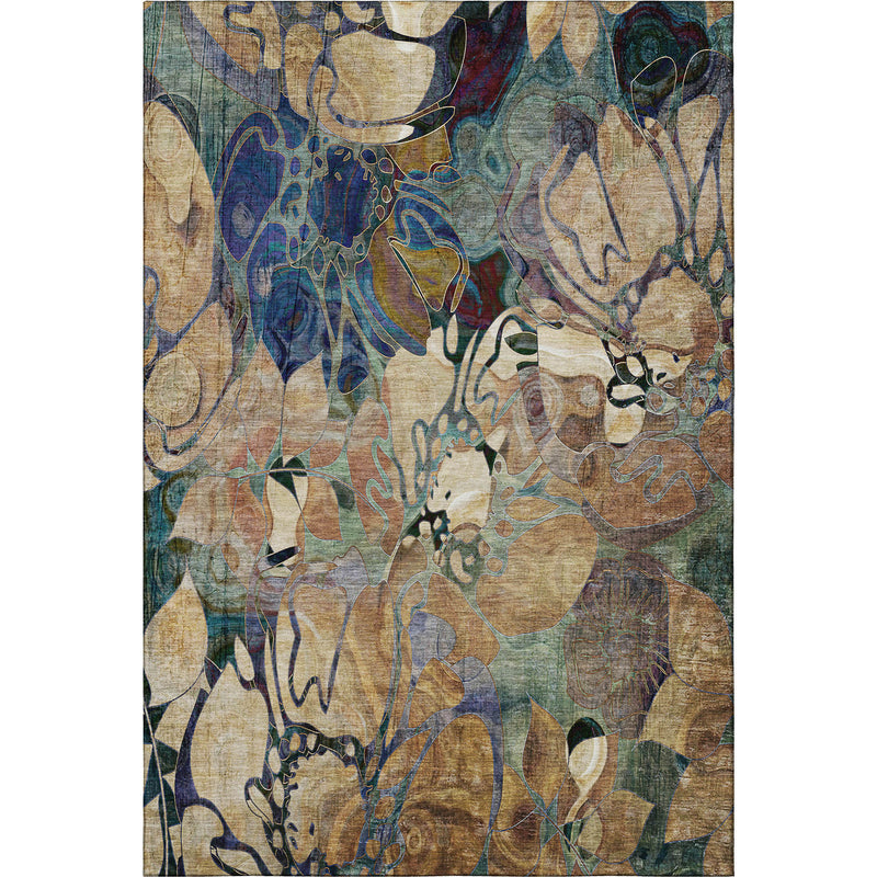5' X 8' Beige Blue And Purple Abstract Distressed Washable Area Rug With UV Protection - Home & Garden