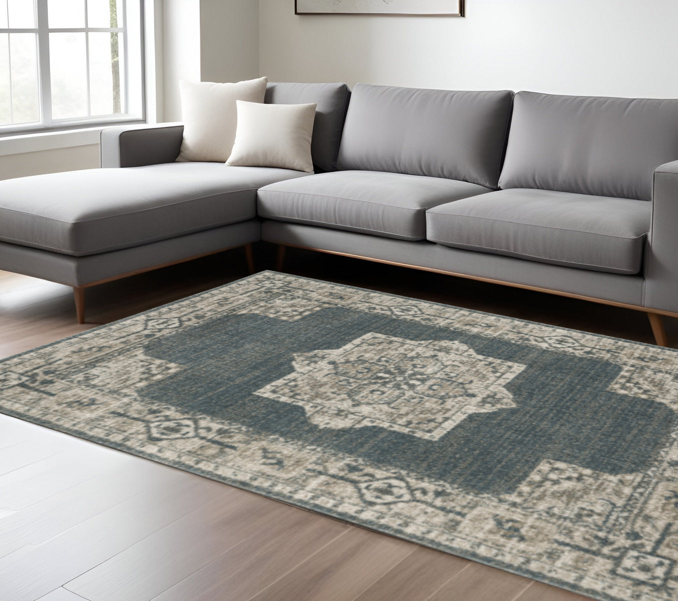 10' X 13' Blue and Beige Oriental Power Loom Area Rug - Home & Garden