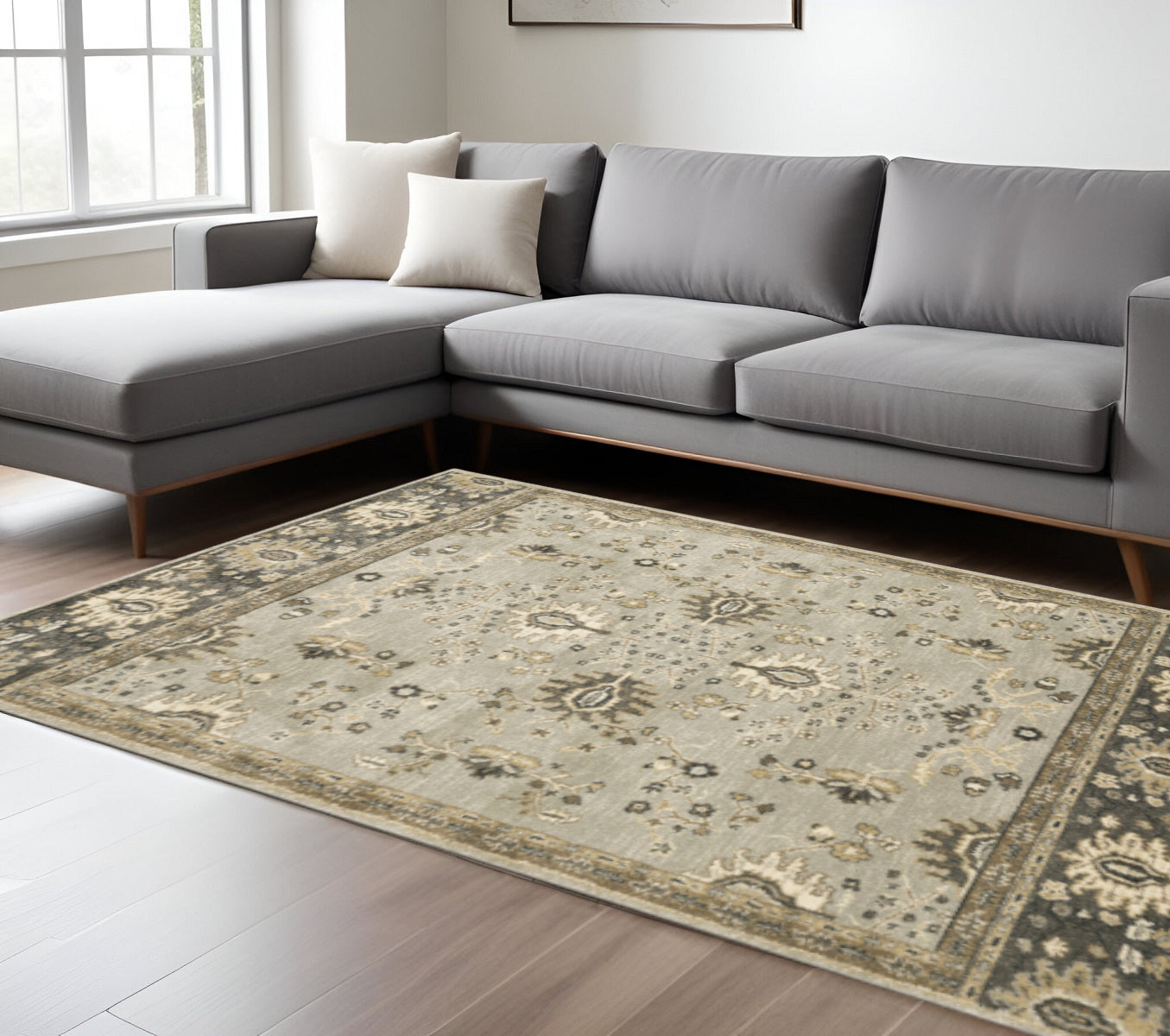 10' X 13' Grey Brown Tan And Beige Oriental Power Loom Stain Resistant Area Rug - Home & Garden