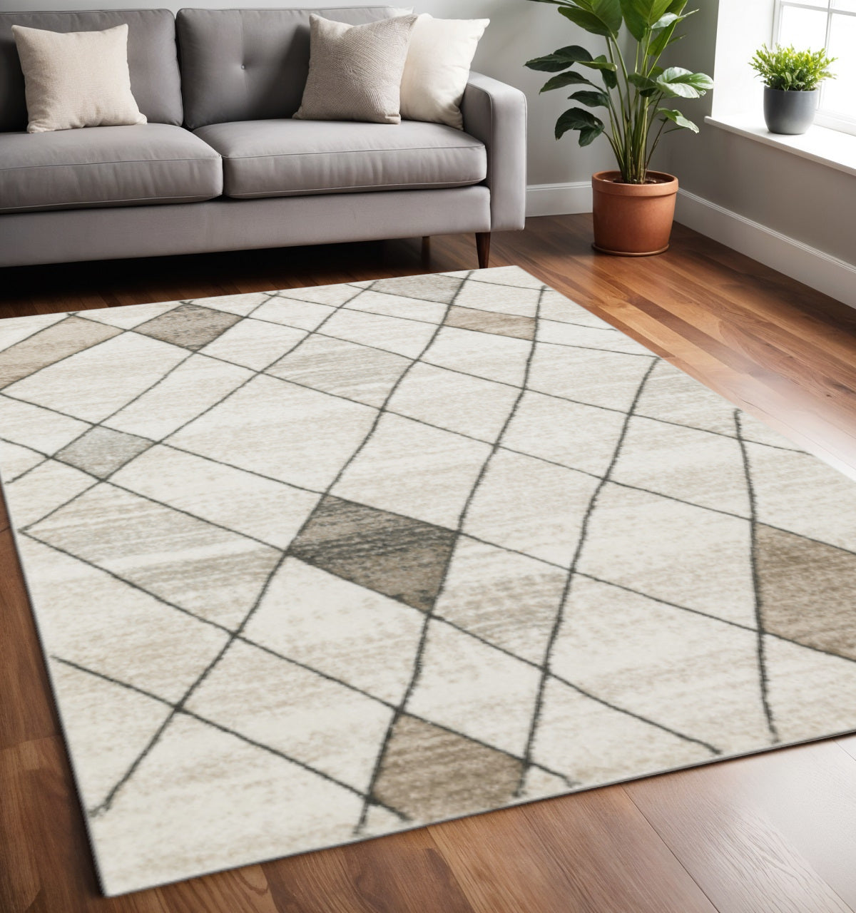 5' X 8' Beige Grey Tan And Brown Geometric Power Loom Stain Resistant Area Rug - Home & Garden