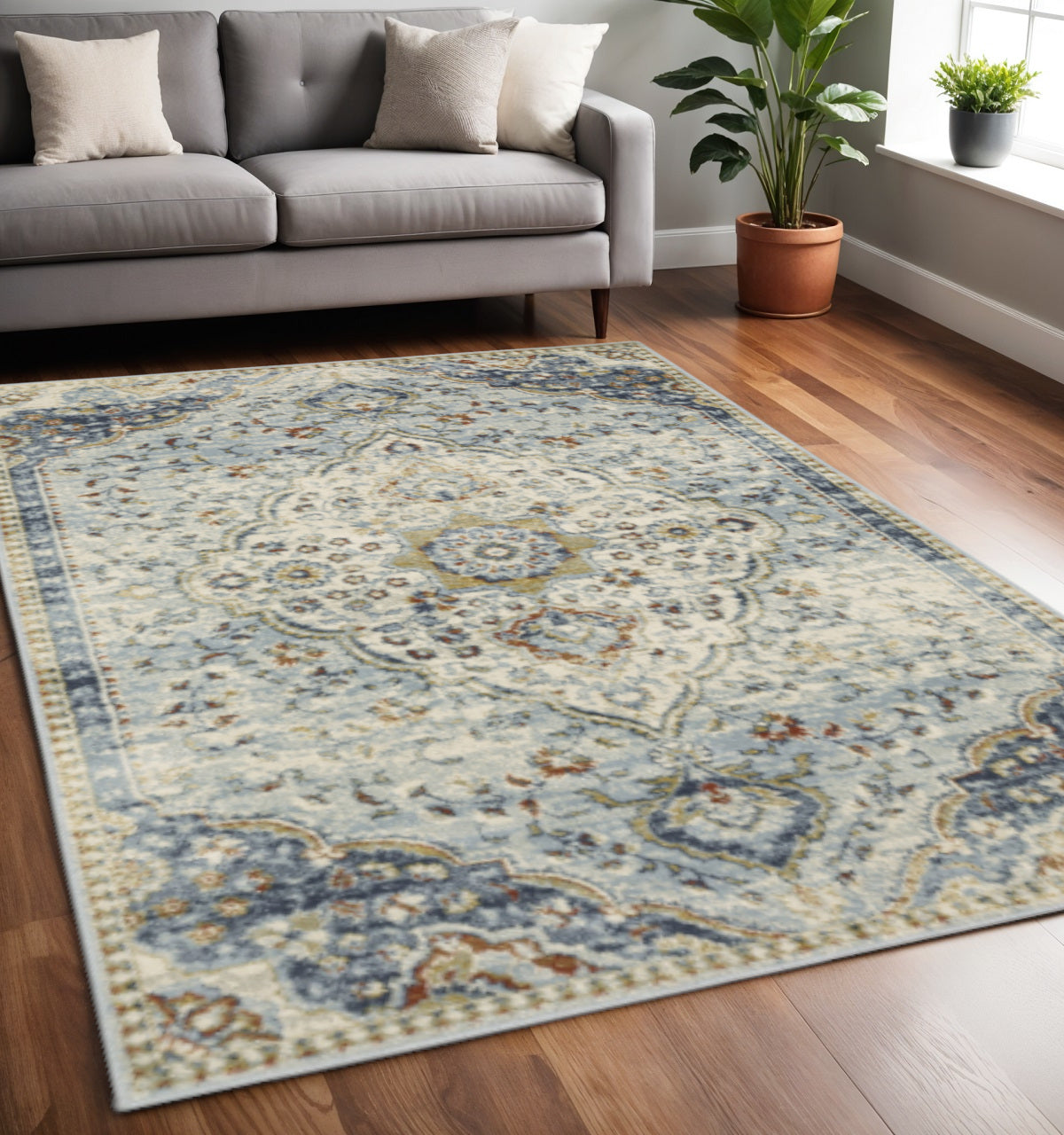 5' X 7' Blue Beige Rust Gold And Teal Oriental Power Loom Stain Resistant Area Rug - Home & Garden